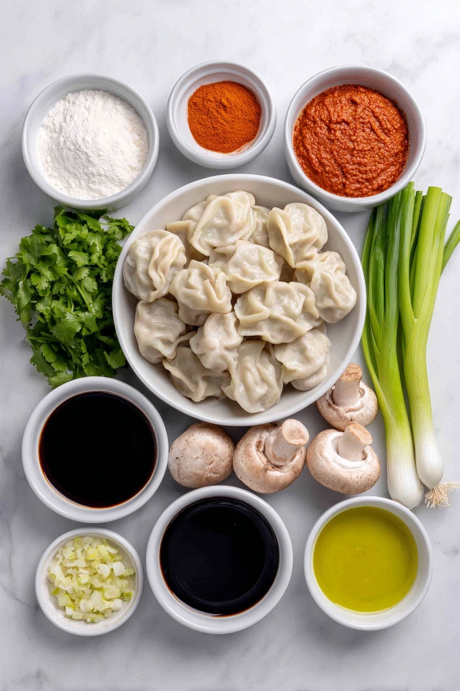 Vegan Coconut Curry Soup with Dumplings, vegan Thai curry soup, coconut curry soup recipe, vegan dumpling soup, plant-based coconut curry - Flat lay of a small white ceramic bowl of red Thai curry paste, a small white ceramic bowl of full-fat coconut milk, a small white ceramic bowl of vegetable broth, a small white ceramic bowl of soy sauce, a small white ceramic bowl of avocado oil, a small white ceramic bowl of sugar, a small white ceramic bowl of salt, a small white ceramic bowl of minced garlic, a small bunch of fresh cilantro with bright green leaves, a small bunch of scallions with white bulbs and green tops, several whole cremini mushrooms with smooth brown caps, a small heap of diced white onion, a neat pile of frozen vegan dumplings with translucent skins, a small white ceramic bowl of chili oil, and a small white ceramic bowl of crunchy garlic pieces, all arranged with perfect symmetry and realistic proportions, placed on a clean white marble surface, soft natural light, photo taken with an iPhone, professional food photography style, fresh ingredients, white ceramic bowls, no bottles, no duplicates, no utensils, no packaging --ar 2:3 --v 7 --p m7354615311229779997