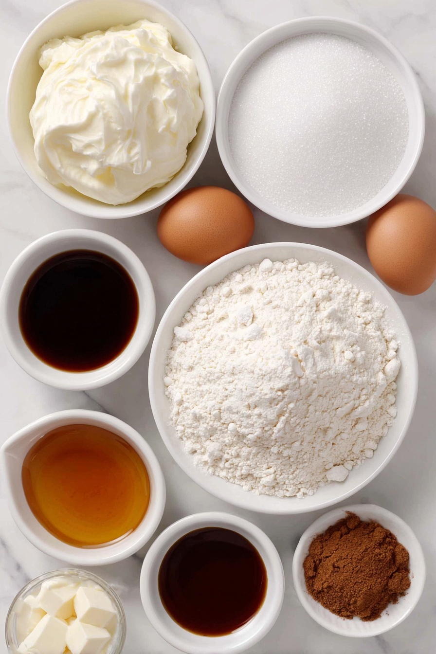 Brown Butter Snickerdoodle Cookies, cinnamon sugar cookies, buttery snickerdoodle recipe, soft cinnamon cookies, easy cookie recipes - Flat lay of a small mound of all-purpose flour, a few white ceramic bowls containing cream of tartar, cornstarch, baking soda, baking powder, and salt, a small white ceramic bowl with melted browned butter showing a golden amber color, a heap of white granulated sugar, two whole uncracked brown eggs, a small white ceramic bowl of vanilla extract, and a small white ceramic bowl with a mixture of white sugar and ground cinnamon, all arranged symmetrically and balanced, placed on a clean white marble surface, soft natural light, photo taken with an iPhone, professional food photography style, fresh ingredients, white ceramic bowls, no bottles, no duplicates, no utensils, no packaging --ar 2:3 --v 7 --p m7354615311229779997