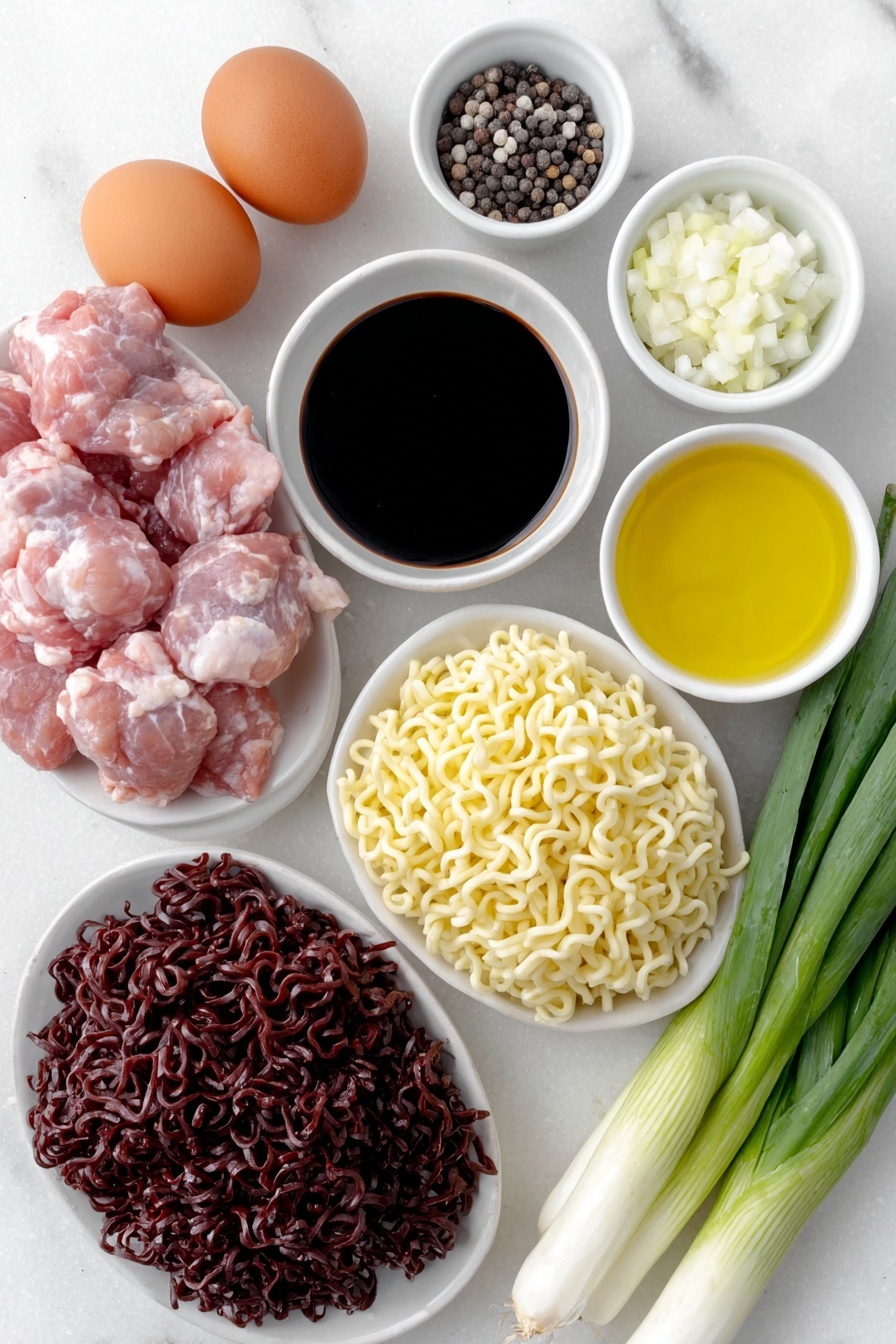 Ginger Scallion Chicken Noodle Soup, Asian chicken noodle soup, comforting chicken noodle recipe, spicy ginger chicken soup, quick homemade chicken noodle soup - Flat lay of boneless skinless chicken thighs with natural pink hues, thinly sliced garlic cloves, a small pile of finely chopped ginger root, divided scallion whites and scallion greens fresh and vibrant, whole uncracked brown eggs nearby, a small white ceramic bowl of black rice vinegar, another bowl of deep brown soy sauce, a third bowl with golden toasted sesame oil, a few thin matchstick-cut orange carrot sticks, a neat bundle of dried ramen noodles with curly strands, sprinkled kosher salt crystals, and a small heap of freshly ground black and white peppercorns placed symmetrically on simple white ceramic bowls and plates, all arranged in perfect balance placed on a clean white marble surface, soft natural light, photo taken with an iPhone, professional food photography style, fresh ingredients, white ceramic bowls, no bottles, no duplicates, no utensils, no packaging --ar 2:3 --v 7 --p m7354615311229779997