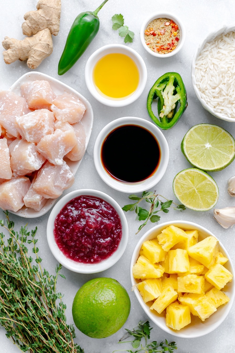 Pineapple Chicken with Coconut Rice, tropical chicken and rice recipe, quick pineapple chicken dinner, easy coconut rice recipe, healthy pineapple chicken dish - Flat lay of boneless skinless chicken breast pieces arranged neatly, a small white bowl of low-sodium soy sauce, a small white bowl filled with golden pineapple juice, a small white bowl holding light brown granulated brown sugar, a small white bowl with vibrant red ketchup, a whole fresh shallot, unpeeled and chopped garlic cloves scattered, a small mound of grated ginger, a small pinch of red pepper flakes on white ceramic, a small white bowl of amber sesame oil, fresh bright green cilantro sprigs, fresh golden pineapple chunks, a halved jalapeño with seeds removed beside chopped pieces, a whole lime halved to show juicy interior, fresh thyme leaves, a ripe avocado diced with green and creamy textures visible, uncooked basmati rice grains arranged in a small white bowl, a simple white bowl containing creamy white coconut milk, all ingredients laid out with perfect symmetry on a clean white marble surface, soft natural light, photo taken with an iPhone, professional food photography style, fresh ingredients, white ceramic bowls, no bottles, no duplicates, no utensils, no packaging --ar 2:3 --v 7 --p m7354615311229779997