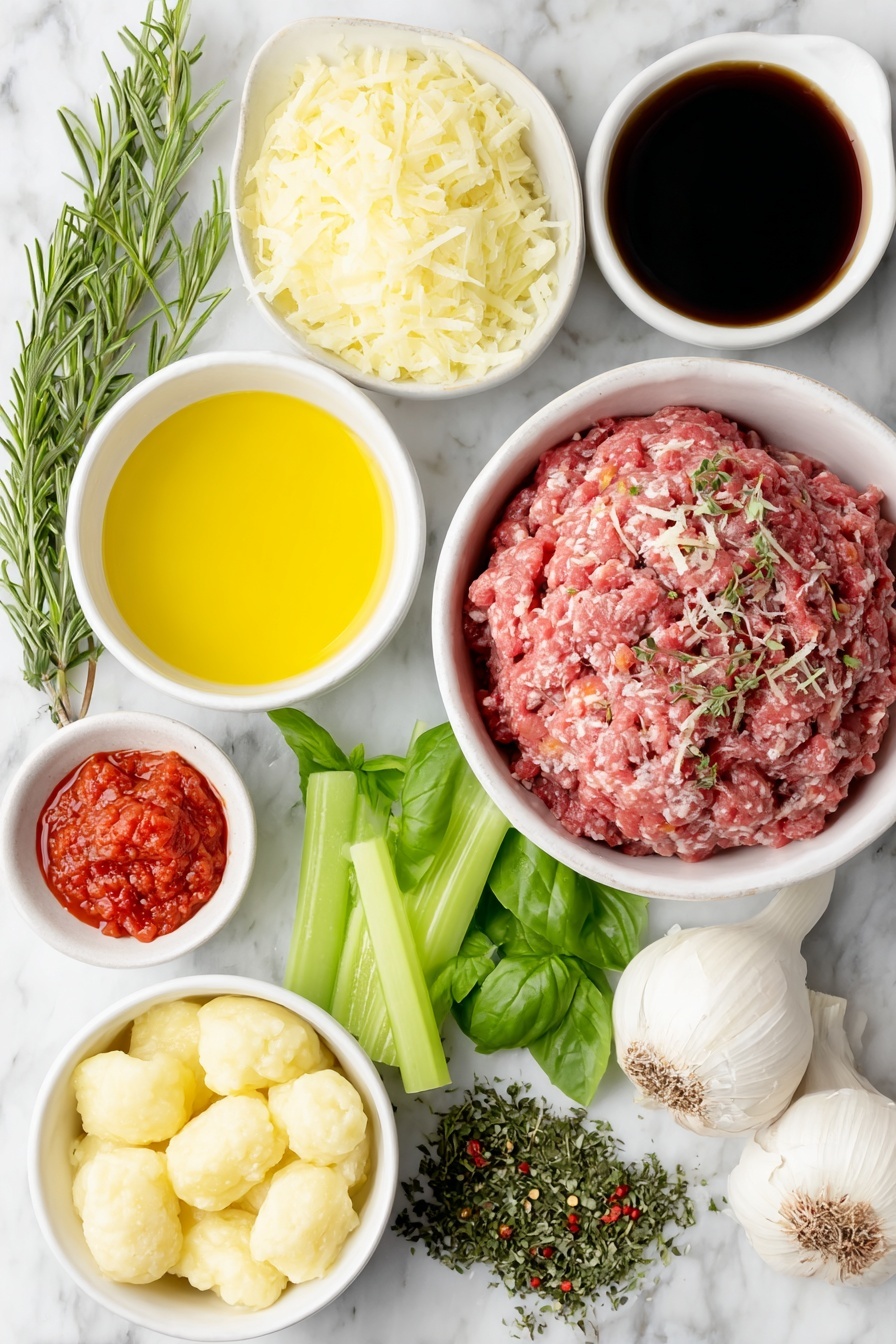 Gnocchi Bolognese, hearty pasta dish, baked gnocchi with meat sauce, comforting Italian dinner, easy gnocchi recipes - Flat lay of a small pool of golden olive oil in a simple white ceramic bowl, a medium yellow onion finely diced forming a neat pile, a medium orange carrot finely diced in a small mound, two fresh celery stalks cut into small pieces arranged in a neat cluster, two large whole garlic cloves unpeeled and clean, a small heap of raw lean ground beef shaped naturally, a small white bowl filled with deep red dry red wine, a small dollop of vibrant red tomato paste on a white plate, a few sprigs of fresh green thyme finely chopped, a sprig of fresh rosemary finely chopped, a small pinch of red chili flakes scattered delicately, two bright red ripe crushed tomatoes showing natural texture in a white bowl, a small white bowl filled with rich brown beef stock, two dried bay leaves whole and unblemished, a pile of light, pillowy potato gnocchi, a small heap of finely grated pale yellow Parmesan cheese, and several bright green fresh basil leaves roughly arranged—all placed on a clean white marble surface, soft natural light, photo taken with an iPhone, professional food photography style, fresh ingredients, white ceramic bowls, no bottles, no duplicates, no utensils, no packaging --ar 2:3 --v 7 --p m7354615311229779997