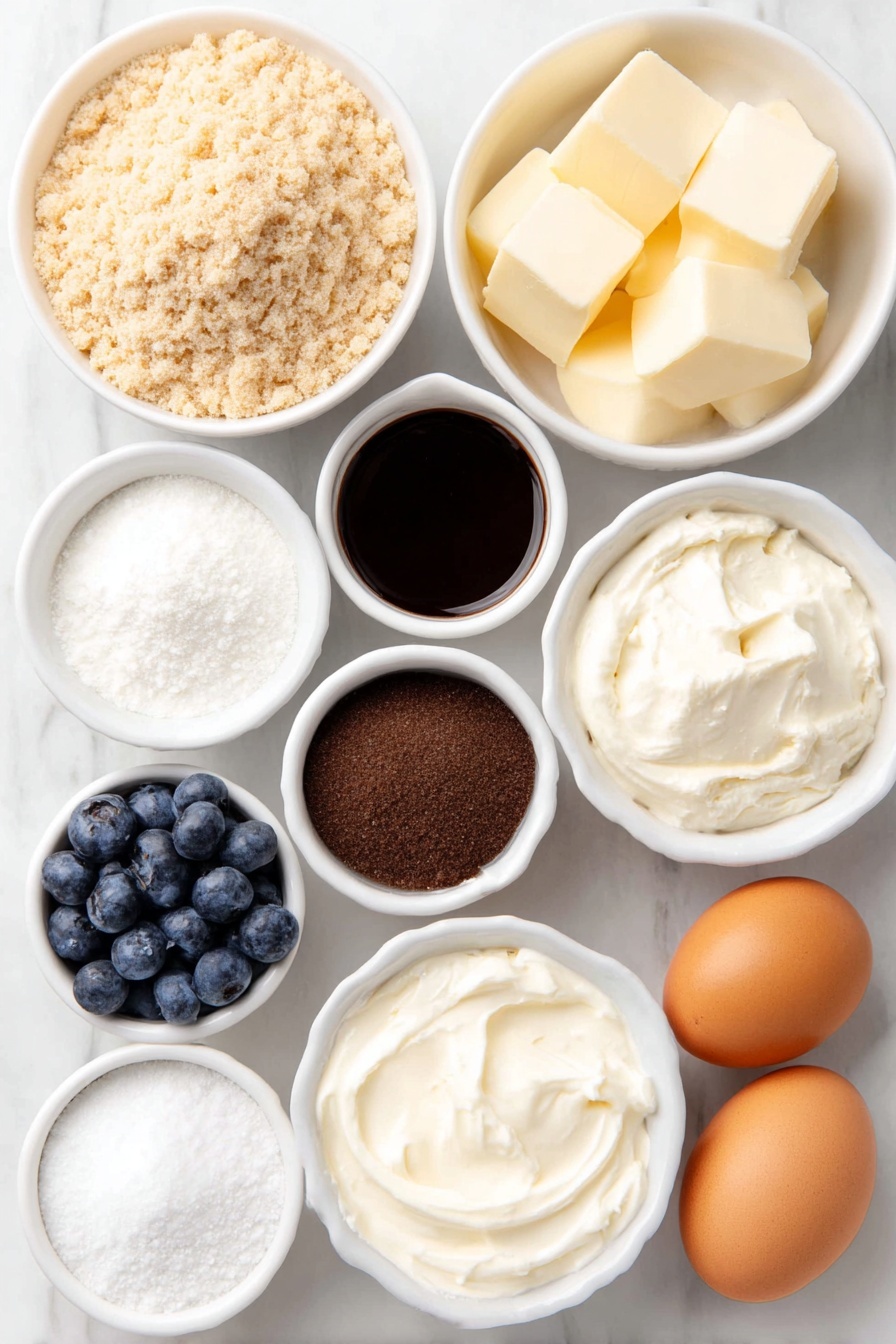 Blueberry Cheesecake with Crumble, blueberry cheesecake, fruit cheesecake, no-bake cheesecake, easy blueberry dessert - Flat lay of fresh digestive cracker crumbs in a simple white ceramic bowl, a small white bowl with granulated sugar, a small white bowl with all-purpose flour, a few cubes of golden butter, a handful of fresh blueberries, a small white bowl with dark brown sugar, a small white bowl holding smooth full fat cream cheese, a small white bowl of creamy sour cream, a small white bowl of cornstarch, two whole uncracked large brown eggs, a small white bowl with freshly squeezed lemon juice, and a small white bowl with vanilla extract, all neatly arranged in perfect symmetry, placed on a clean white marble surface, soft natural light, photo taken with an iPhone, professional food photography style, fresh ingredients, white ceramic bowls, no bottles, no duplicates, no utensils, no packaging --ar 2:3 --v 7 --p m7354615311229779997