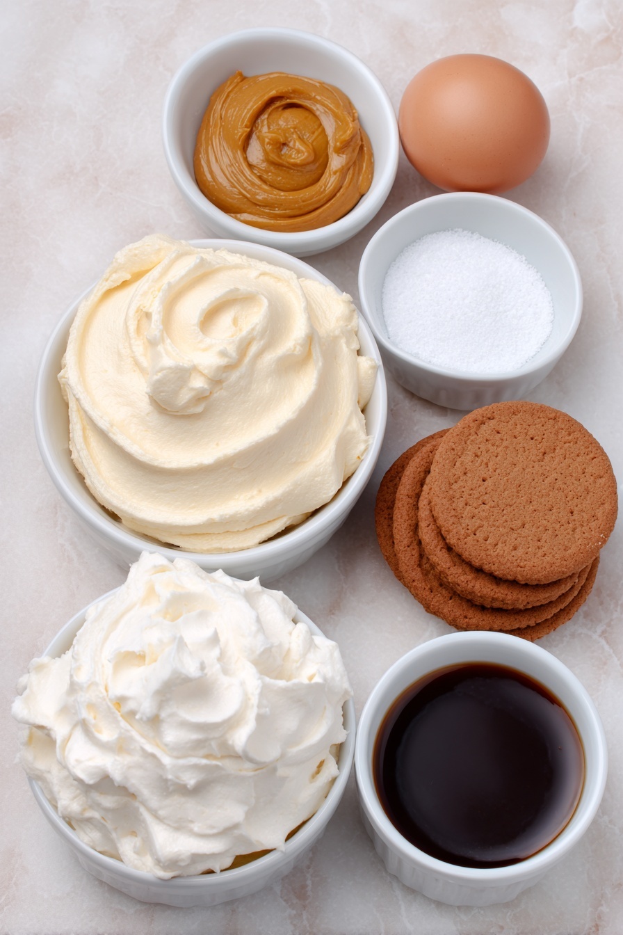 Easy Biscoff Tiramisu, Biscoff Tiramisu dessert, no-bake tiramisu recipe, creamy Biscoff dessert, quick tiramisu with Biscoff cookies - Flat lay of a small mound of smooth, creamy mascarpone cheese on a simple white ceramic plate, a dollop of rich golden Biscoff cookie butter in a small white ceramic bowl, a few tablespoons of white granulated sugar heaped in another small white bowl, a whole uncracked brown egg with a clean shell beside a pinch of fine white salt in a tiny white bowl, several whole crisp Biscoff cookies arranged neatly in a row, a small white bowl filled with strong dark espresso coffee, and a white ceramic bowl overflowing with thick, freshly whipped heavy cream with soft peaks, all placed on a clean white marble surface, soft natural light, photo taken with an iPhone, professional food photography style, fresh ingredients, white ceramic bowls, no bottles, no duplicates, no utensils, no packaging --ar 2:3 --v 7 --p m7354615311229779997