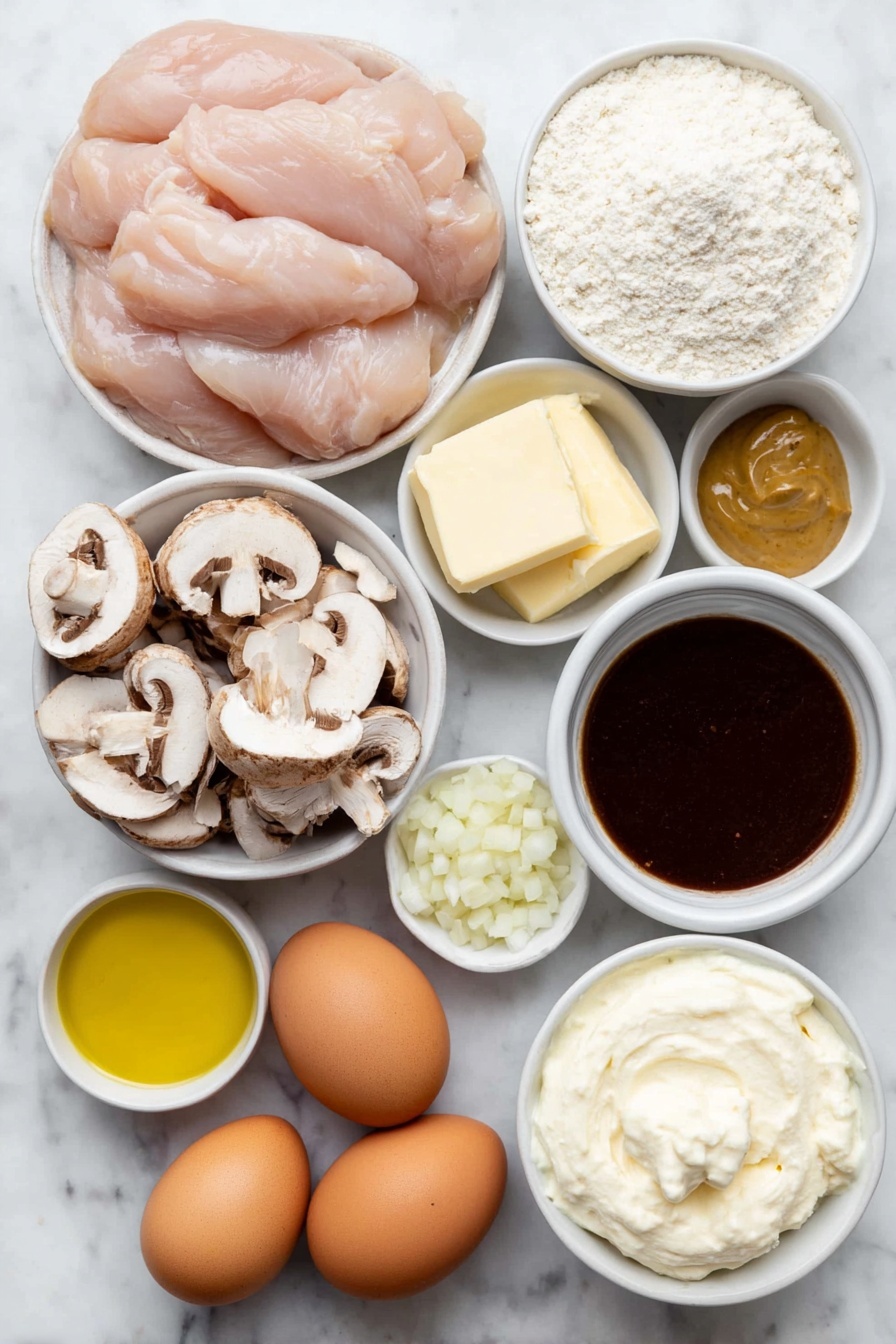 Creamy Chicken Mushroom Stroganoff, chicken mushroom pasta, easy dinner recipes, comforting weeknight meals, hearty chicken mushroom dish - Flat lay of fresh raw chicken breasts cut into pieces, whole cremini mushrooms with a few sliced, a small white bowl of all-purpose flour, a small white bowl of golden olive oil, a small white dish of pale yellow butter, a small white bowl of chopped white onion, three whole garlic cloves next to a small pile of minced garlic, a small white bowl of smooth Dijon mustard, a small white bowl of dark Worcestershire sauce, a small white bowl of golden chicken broth, a small white bowl of creamy full-fat sour cream, two whole uncracked brown eggs, arranged symmetrically and balanced, placed on a clean white marble surface, soft natural light, photo taken with an iPhone, professional food photography style, fresh ingredients, white ceramic bowls, no bottles, no duplicates, no utensils, no packaging --ar 2:3 --v 7 --p m7354615311229779997