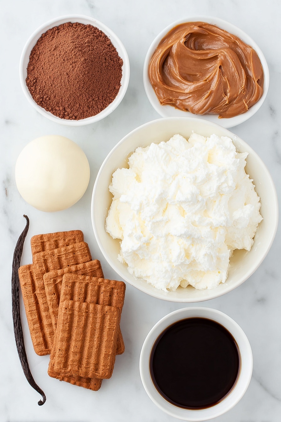 Biscoff Tiramisu, Biscoff dessert, no-bake tiramisu, cookie butter tiramisu, easy tiramisu recipes - Flat lay of a small mound of fresh heavy whipping cream, a neat dollop of smooth mascarpone cheese, a generous smear of creamy Biscoff cookie butter, a whole vanilla bean pod, a simple white bowl filled with dark strong coffee, several crisp Biscoff cookies stacked in a tidy pile, a small white bowl of fine cocoa powder, placed on a clean white marble surface, soft natural light, photo taken with an iPhone, professional food photography style, fresh ingredients, white ceramic bowls, no bottles, no duplicates, no utensils, no packaging --ar 2:3 --v 7 --p m7354615311229779997