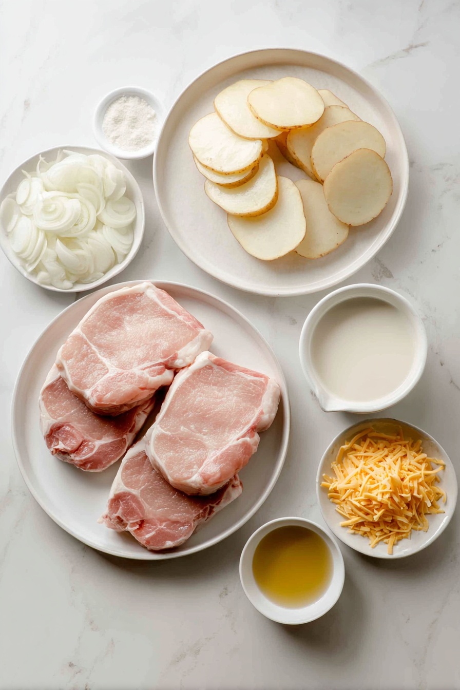 Creamy Pork Chop and Potato Casserole, comforting pork and potato bake, cheesy pork and potato casserole, savory pork and potato dish, hearty casserole dinner - Flat lay of six fresh boneless pork chops with a slight sheen, four thinly sliced raw potatoes neatly fanned out, a small pile of chopped white onion, a small white bowl filled with smooth condensed cream of mushroom soup, another small white bowl with fresh whole milk, a small white bowl holding golden vegetable oil, a small mound of shredded sharp Cheddar cheese, all arranged symmetrically on simple white ceramic plates and bowls, placed on a clean white marble surface, soft natural light, photo taken with an iPhone, professional food photography style, fresh ingredients, white ceramic bowls, no bottles, no duplicates, no utensils, no packaging --ar 2:3 --v 7 --p m7354615311229779997