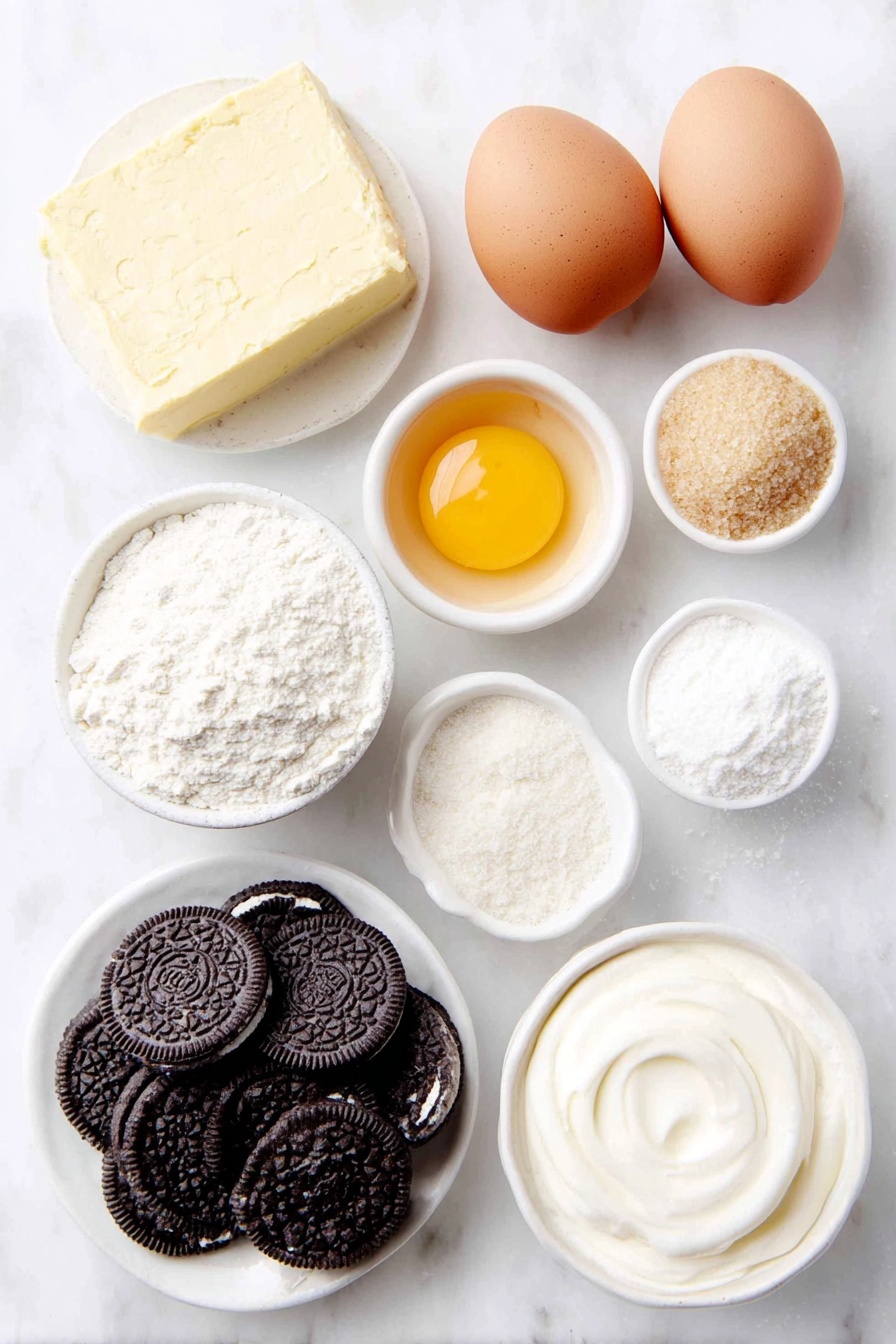 Oreo Cookie Cake, Oreo cookie cake recipe, indulgent Oreo cake, chewy Oreo dessert, homemade Oreo cake - Flat lay of a small mound of pale yellow unsalted cultured butter, a neat pile of light brown packed sugar crystals, a tiny heap of white granulated sugar, two large brown eggs with clean uncracked shells, one large brown egg yolk in a small white ceramic bowl, a small white bowl with golden vanilla extract, a small white bowl filled with white all-purpose flour, a small pile of coarsely chopped black-and-white Oreo cookies, a pinch of fine white sea salt, a small white bowl of white powdered sugar, another small white bowl with creamy heavy cream, and a small white bowl with fine white baking soda, all arranged symmetrically and balanced on a clean white marble surface, soft natural light, photo taken with an iPhone, professional food photography style, fresh ingredients, white ceramic bowls, no bottles, no duplicates, no utensils, no packaging --ar 2:3 --v 7 --p m7354615311229779997