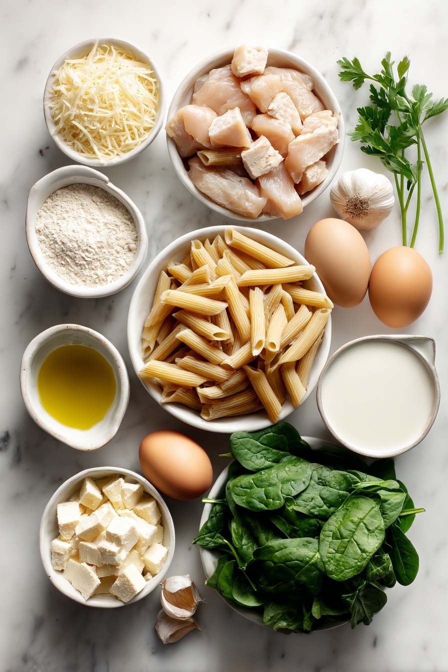 Healthy Garlic Parmesan Chicken Pasta, healthy chicken pasta recipe, easy healthy pasta dish, nutritious garlic chicken pasta, light creamy chicken pasta - Flat lay of whole wheat penne pasta arranged neatly, a few garlic cloves whole and unpeeled, cubed raw boneless skinless chicken breasts in a simple pile, fresh baby spinach leaves spread out, a small white ceramic bowl of grated Parmesan cheese, a small white bowl filled with olive oil, a small white bowl of whole wheat flour, another small white bowl holding low-sodium chicken broth, a small white bowl with low-fat milk, a small white bowl containing plain non-fat Greek yogurt, a few sprigs of fresh parsley, and whole brown eggs placed symmetrically, all placed on a clean white marble surface, soft natural light, photo taken with an iPhone, professional food photography style, fresh ingredients, white ceramic bowls, no bottles, no duplicates, no utensils, no packaging --ar 2:3 --v 7 --p m7354615311229779997