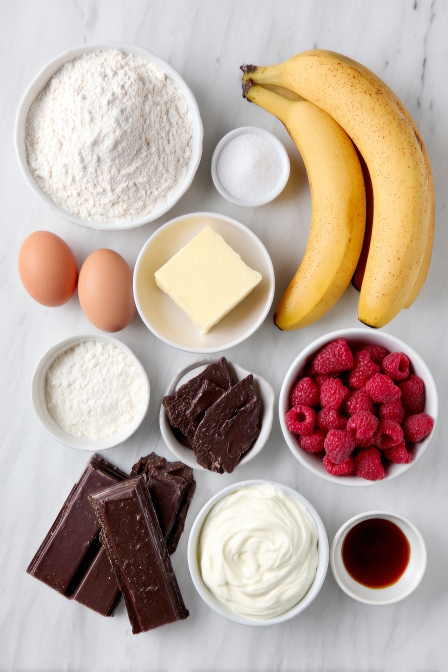 Raspberry Chocolate Banana Bread, Banana Bread with Raspberries and Chocolate, Moist Banana Bread Recipe, Easy Raspberry Banana Bread, Delicious Chocolate Banana Loaf - Flat lay of a small mound of all-purpose flour, a small white bowl of baking soda powder, a small white bowl of salt, a small white bowl of granulated sugar, a few tablespoons of softened butter, two whole uncracked brown eggs, three ripe bananas with natural speckles, a small white bowl of creamy plain yogurt, a small white bowl of vanilla extract, a small white bowl of dark chocolate chunks dusted lightly with flour, a small white bowl of fresh raspberries placed carefully, all arranged in perfect symmetry on a simple white ceramic surface, placed on a clean white marble surface, soft natural light, photo taken with an iPhone, professional food photography style, fresh ingredients, white ceramic bowls, no bottles, no duplicates, no utensils, no packaging --ar 2:3 --v 7 --p m7354615311229779997