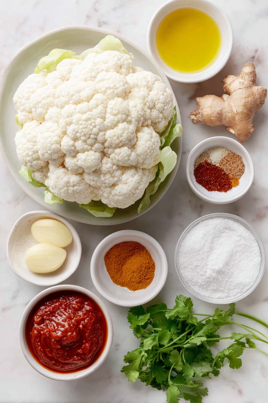 Creamy Butter Cauliflower Curry, flavorful vegetable curry, easy cauliflower curry recipe, vegetarian curry with butter, quick Indian-inspired curry - Flat lay of a medium head of fresh cauliflower cut into florets, a whole yellow onion unpeeled, three whole uncracked garlic cloves, a small piece of fresh ginger root, a few sprigs of fresh cilantro, a small mound of bright red tomato paste on a white ceramic dish, a small white bowl of smooth tomato sauce, a small white bowl of golden olive oil, a small white bowl of melted unsalted butter, a small white bowl of creamy heavy cream, a small white bowl of fresh lemon juice, small piles of ground turmeric, ground cumin, garam masala, ground cinnamon, paprika, and salt arranged neatly on white ceramic plates, a pinch of cayenne pepper sprinkled lightly on white ceramic, a small white bowl of fine corn starch, and a small white bowl of vegetable broth, placed on a clean white marble surface, soft natural light, photo taken with an iPhone, professional food photography style, fresh ingredients, white ceramic bowls, no bottles, no duplicates, no utensils, no packaging --ar 2:3 --v 7 --p m7354615311229779997