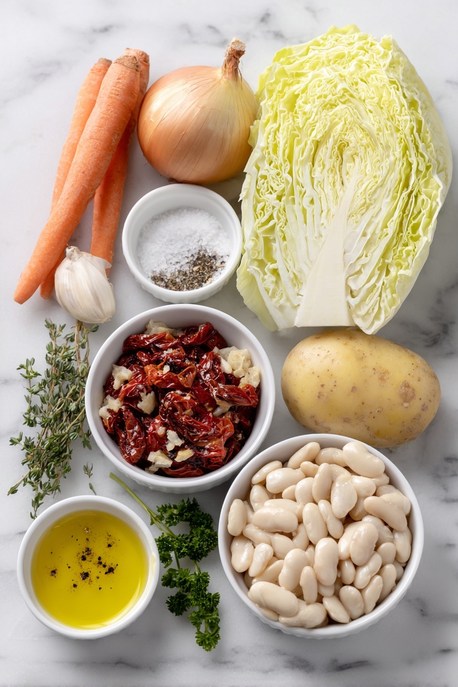 Hearty Cabbage Soup, hearty cabbage soup recipe, comforting vegetable soup, easy cabbage soup, nourishing soup for winter - Flat lay of a small white ceramic bowl of extra-virgin olive oil, two fresh whole carrots with bright orange skin, one medium yellow onion with smooth golden-brown outer layers, a single crisp celery rib with leafy top, a small white ceramic bowl of coarse sea salt, a small white ceramic bowl of freshly ground black pepper, a small white ceramic bowl of white wine vinegar, a handful of fire-roasted diced tomatoes showing charred edges and vibrant red color, a simple pile of white beans with a smooth creamy texture, four peeled garlic cloves with creamy white skin, two Yukon Gold potatoes with light golden yellow skin and clean diced pieces, a small fresh green cabbage cut into large leafy wedges, a small white ceramic bowl with dried thyme leaves, and a few sprigs of fresh green parsley arranged neatly, placed on a clean white marble surface, soft natural light, photo taken with an iPhone, professional food photography style, fresh ingredients, white ceramic bowls, no bottles, no duplicates, no utensils, no packaging --ar 2:3 --v 7 --p m7354615311229779997