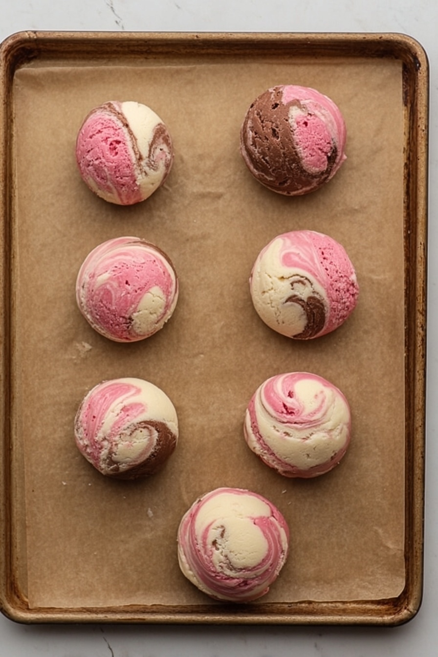 Neapolitan Cookie Dough, Three-flavor cookie recipe, Soft and tender cookies, Vanilla chocolate strawberry cookies, Easy Neapolitan treat - The image shows six cookie dough balls arranged on a baking sheet with a brown parchment paper. Each dough ball has three colors: pink, brown, and white. The colors mix in a swirled pattern creating a marbled look. The dough balls are round but not perfectly shaped. The background is a white marbled texture. photo taken with an iphone --ar 2:3 --v 7