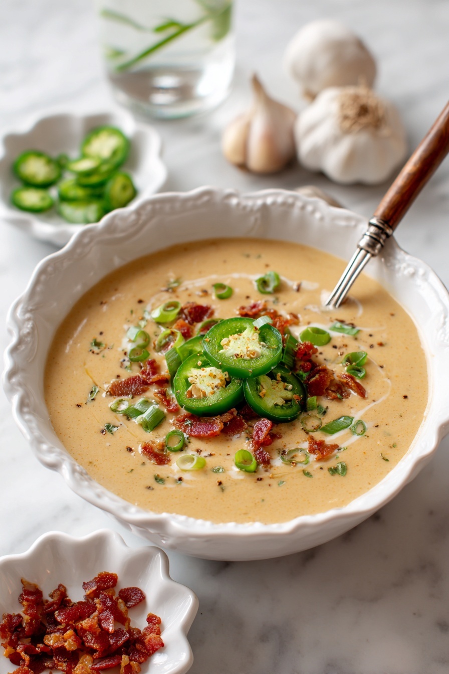 Spicy Jalapeño Chicken Soup, jalapeño chicken soup, spicy chicken soup recipe, creamy jalapeño soup, easy jalapeño chicken soup - A white scalloped bowl filled with thick creamy soup that is light tan in color with visible small chunks and swirls. On top, there is a colorful layer of bright green sliced jalapeños, chopped green onions, and crispy red-brown bacon bits, all piled in the center. A wooden-handled spoon rests in the bowl with its metal scoop partly submerged in the soup. Around the bowl on a white marbled surface, there is a small white scalloped dish with more crispy bacon bits, a similar dish with green sliced jalapeños, some whole garlic bulbs, and a clear glass of water showing reflections and ice inside. photo taken with an iphone --ar 2:3 --v 7