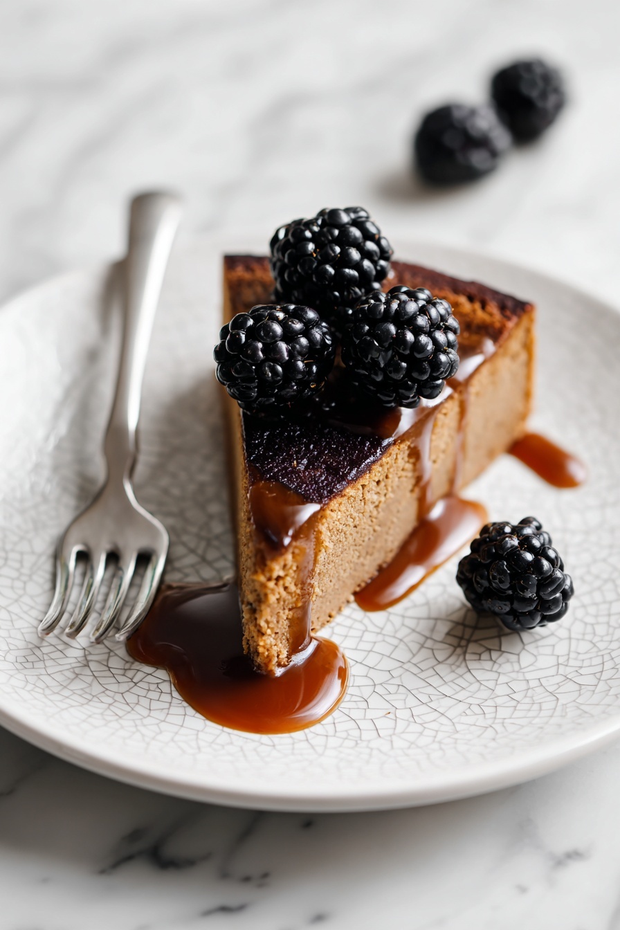 Hojicha Basque Cheesecake with Blackberries, roasted green tea cheesecake, Japanese green tea dessert, blackberry topping cheesecake, sophisticated cheesecake recipe - A slice of dark brown cake with a slightly burnt top layer is placed on a white cracked-texture plate. The cake has a smooth, light brown middle layer with a moist texture. On top of the cake, there are three shiny blackberries and a drizzle of glossy dark brown sauce that spills a little on the plate. Two additional blackberries rest on the plate near the cake slice. A silver fork is placed to the left of the cake slice. The plate sits on a white marbled surface. Photo taken with an iphone --ar 2:3 --v 7