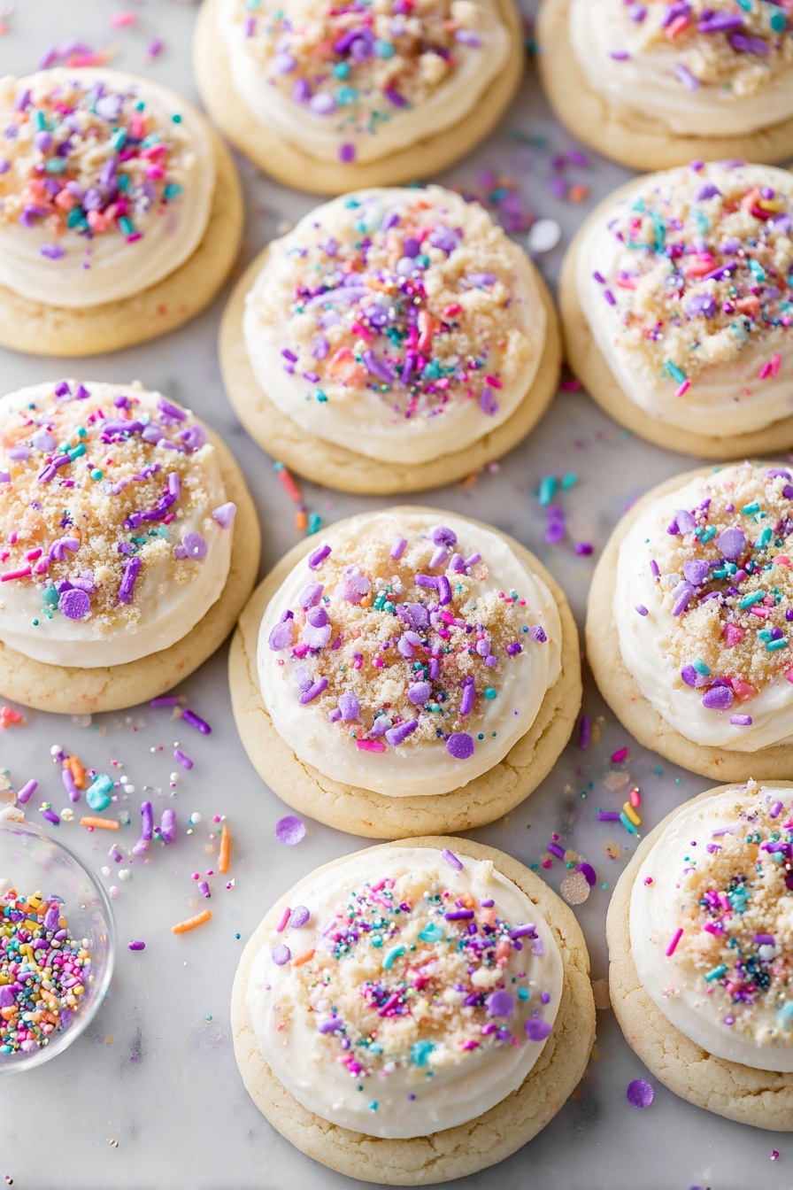 Birthday Cake Cookies with Cream Cheese Frosting, birthday cake cookie recipe, vanilla cookie recipes, fun baking ideas, easy cookie recipes - A group of round sugar cookies each with three layers: the base is a pale tan cookie, the middle layer is a smooth and creamy white frosting spread evenly on top, and the top layer is a mix of small crumbly pieces and colorful sprinkles in purple, pink, blue, yellow, and green scattered across the frosting. The cookies are arranged closely on a white marbled surface, with some sprinkles fallen around them and a few candles nearby. photo taken with an iphone --ar 2:3 --v 7