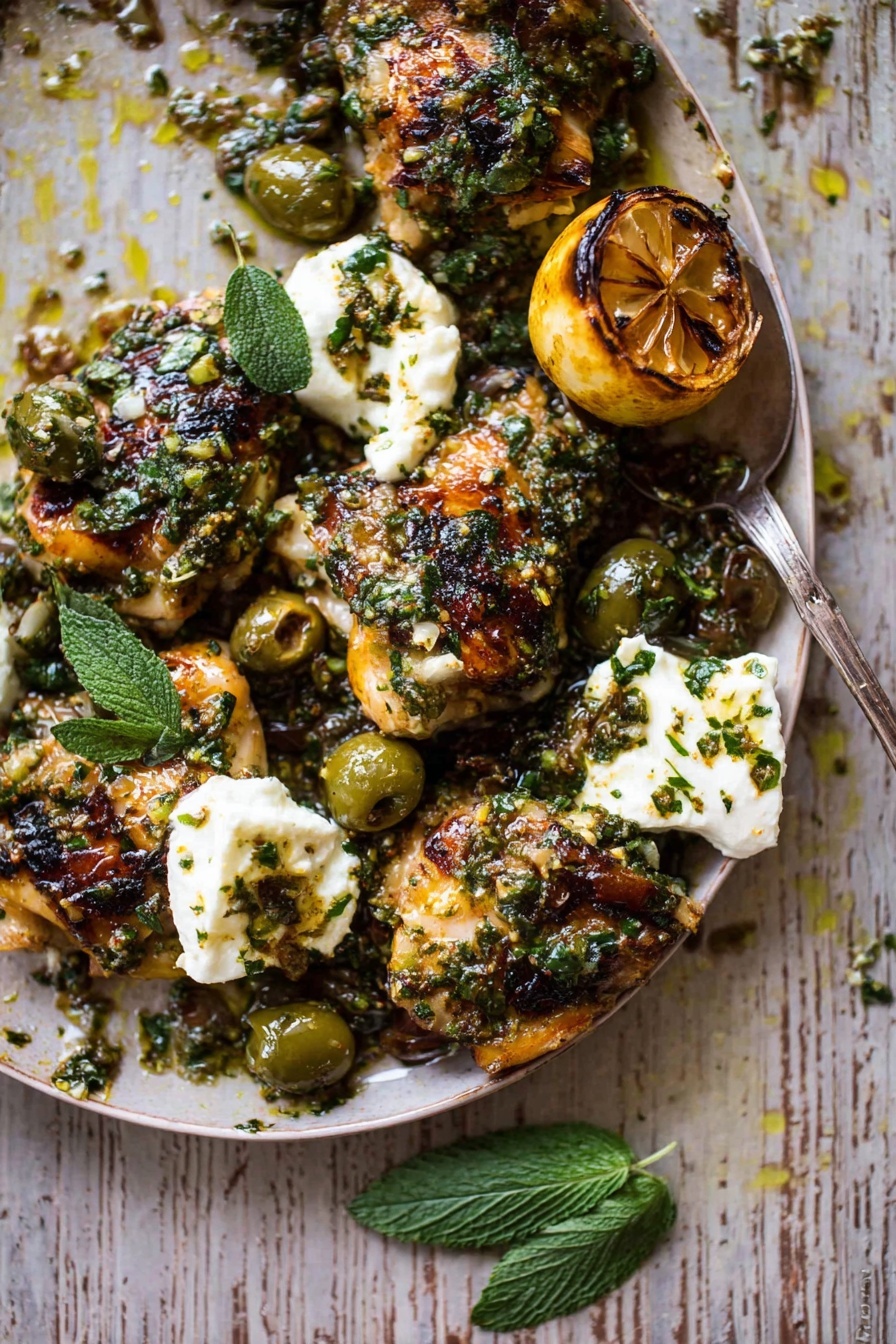 Garlic Butter Roast Chicken with Lemon Olive Dressing, roasted chicken, lemon olive dressing, garlic butter chicken, juicy roast chicken - A white bowl filled with a dish made of three white soft cheese pieces, covered with a green herb sauce that has small bits of herbs and nuts scattered throughout. The sauce looks oily and thick, coating the cheese and the rest of the bowl. A silver spoon rests inside the bowl, lifting one cheese piece slightly. The bowl is placed on a wooden surface with small green leaves and coarse salt sprinkled around it. photo taken with an iphone --ar 2:3 --v 7