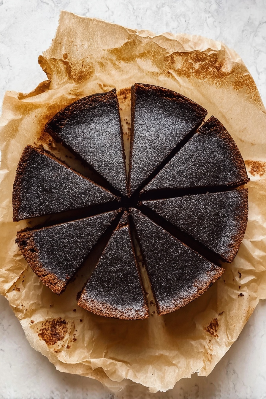 Hojicha Basque Cheesecake with Blackberries, roasted green tea cheesecake, Japanese green tea dessert, blackberry topping cheesecake, sophisticated cheesecake recipe - A round dark brown cake with a nearly black top layer, cut into eight equal slices, sits on crinkled light brown parchment paper. The cake has a slightly uneven edge with some cracks and a rough texture on the top surface. The parchment paper is wrinkled and stained with small spots of cake crumbs around the edges. The background is a white marbled texture. photo taken with an iphone --ar 2:3 --v 7