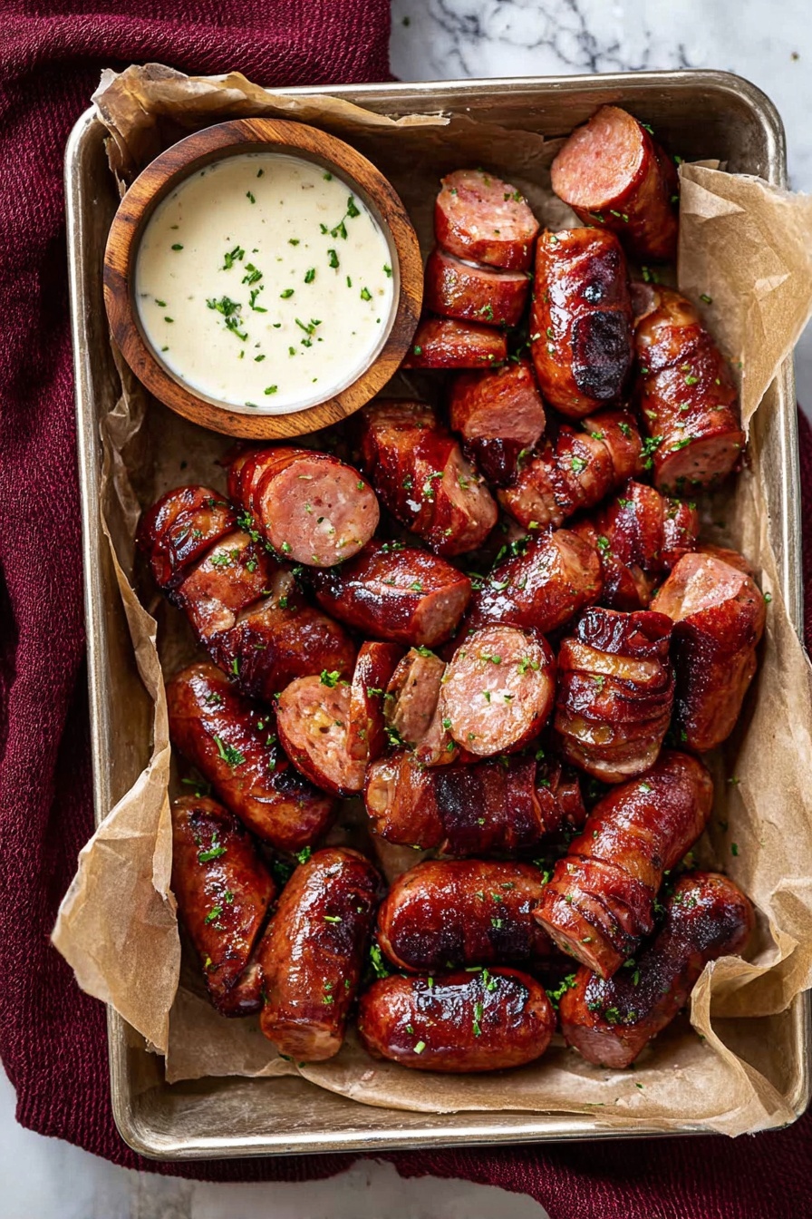 Mustard Kielbasa Bites, kielbasa appetizer ideas, easy sausage snacks, game day party recipes, savory appetizer recipes - The image shows a silver tray lined with brown parchment paper filled with many grilled sausage pieces. The sausages are sliced into thick rounds and some are cut to open like octopus shapes, showing a shiny and slightly charred reddish-brown outer texture with a juicy interior. There are small green herb sprinkles on the sausages. In the top left corner of the tray, there is a small round wooden bowl filled with a creamy white dipping sauce with small flakes. The tray sits on a white marbled surface with a dark red cloth on the left side. Photo taken with an iphone --ar 2:3 --v 7
