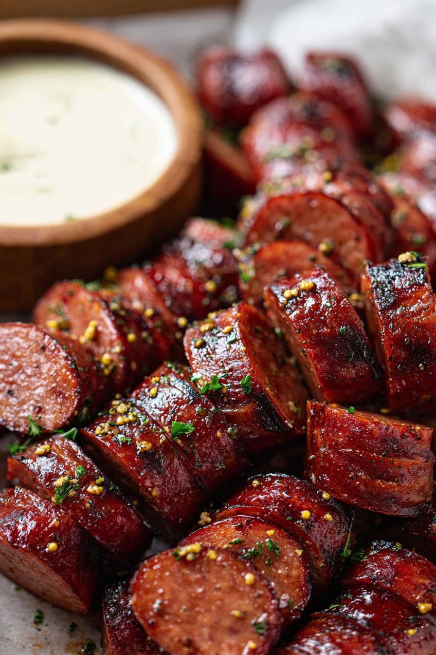 Mustard Kielbasa Bites, kielbasa appetizer ideas, easy sausage snacks, game day party recipes, savory appetizer recipes - A close-up image shows a woman's hand holding a small wooden stick with a round sausage slice dipped halfway in a creamy sauce with visible yellow mustard seeds. The sausage slices have a shiny, dark reddish-brown outer layer with a slightly textured surface, arranged in a white tray lined with light brown parchment paper. The sauce is smooth with a pale yellow color and small brown specks, contained in a small round wooden bowl inside the tray. The background has a white marbled texture, with a blurred silver cup at the right edge. photo taken with an iphone --ar 2:3 --v 7