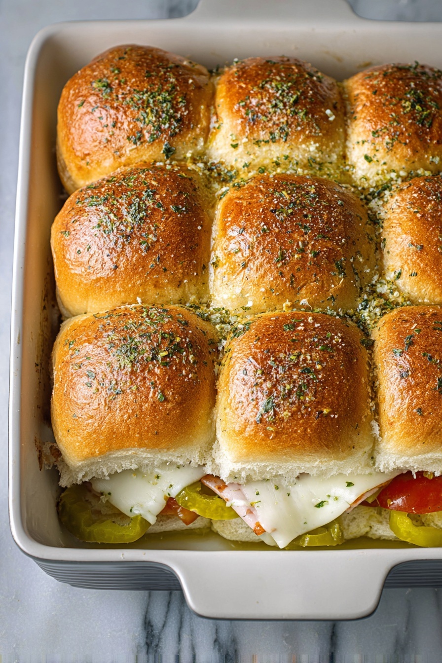 Italian Sub Slider Sandwiches, Italian Sub Sandwiches, Slider Sandwiches Recipe, Party Slider Sandwiches, Italian Deli Sandwiches - A white baking dish holds nine golden brown slider buns arranged in a 3x3 grid. The buns are soft with a shiny top and sprinkled with finely chopped herbs and garlic. Between the bottom layer of buns and the top, there is a layer of melted white cheese and slices of light-colored deli meat. At the edges, sliced green pickled peppers and a few red tomato pieces peek out. The dish is placed on a white marbled surface. Photo taken with an iphone --ar 2:3 --v 7