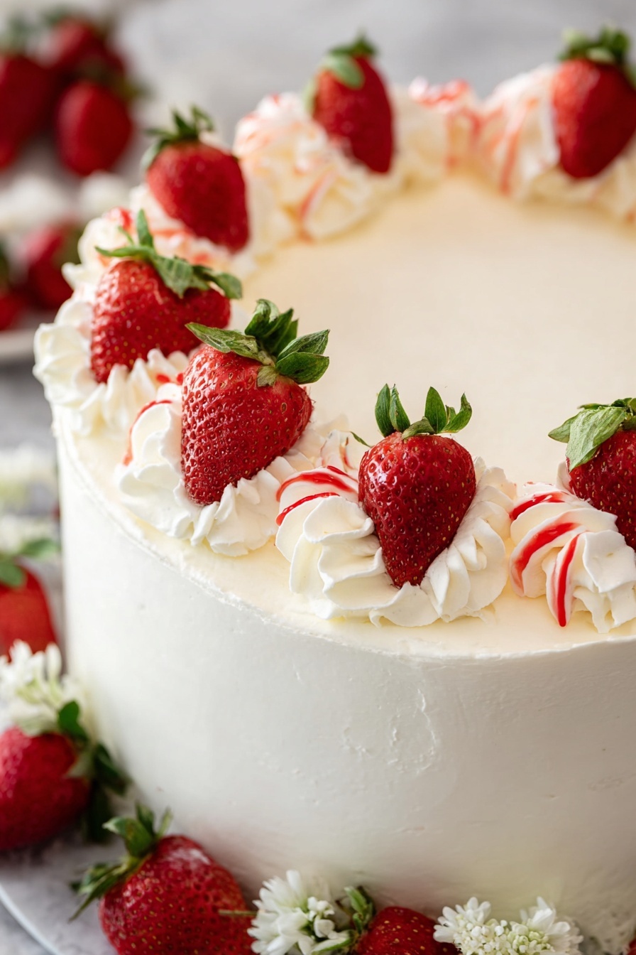 Strawberry Cake with Cream Cheese Frosting, strawberry cake recipe, homemade strawberry cake, easy strawberry cake, moist strawberry cake - A round cake with smooth white frosting covering the whole surface. There are white piped cream dollops around the edge, each one topped with a fresh red strawberry with green leaves. Some dollops have thin red swirls mixed in with the white cream. The cake is placed on a white marbled surface, with extra strawberries and small white flowers scattered around the base. The photo is taken close up, focusing on the top side and edge of the cake. photo taken with an iphone --ar 2:3 --v 7