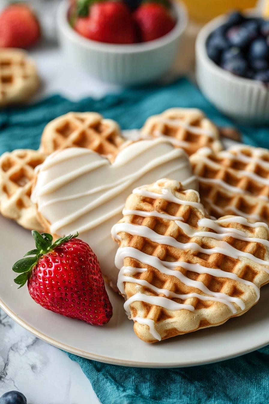 Waffle Cookie with Maple Glaze, Maple Glaze Waffle Cookies, Crispy Waffle Cookie Recipe, Buttered Maple Cookie Treats, Weekend Baking Waffle Cookies - A white plate holds five heart-shaped waffles with a golden brown color and a grid pattern. Three waffles are drizzled with a white glaze in thin lines, while two waffles in the back are fully covered in smooth white icing. A bright red strawberry with leaves sits in front of the waffles on the plate. The plate is placed on a teal cloth over a white marbled surface. In the background, there are blurred bowls with blueberries and strawberries. Photo taken with an iphone --ar 2:3 --v 7