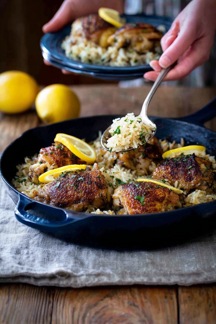 One Pot Greek Lemon Chicken and Rice, Greek Lemon Chicken and Rice, One Pot Chicken and Rice, Easy Greek Chicken Dinner, Lemon Chicken Skillet - A dark blue cast iron skillet sits on a wooden surface with a gray cloth underneath. Inside the skillet, there are four pieces of browned cooked chicken with a textured, slightly crispy skin, placed on a bed of white rice mixed with green herbs. Two thin yellow lemon slices rest on top of some chicken pieces. A woman's hand is holding a spoon, scooping some of the rice and chicken from the skillet. In the background, there is a dark blue plate with a serving of the same dish, held by a woman's hand, and two whole lemons are partially visible. Photo taken with an iphone --ar 2:3 --v 7