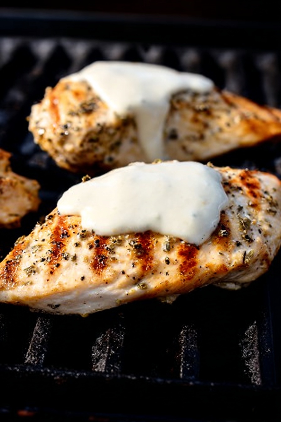 Grilled Chicken Caprese with Balsamic Glaze, Italian grilled chicken, Caprese chicken recipe, easy summer chicken dinner, healthy chicken recipes - This image shows two pieces of grilled chicken placed side by side on a black grill. Each piece has a light golden-brown color with visible specks of seasoning like black pepper and herbs. On top of each chicken piece, there is a smooth, thick layer of white sauce that covers a large portion of the surface. The background is mostly dark, focusing on the texture and color contrast between the chicken and sauce. The chicken looks juicy with slight grill marks showing under the edges. photo taken with an iphone --ar 2:3 --v 7