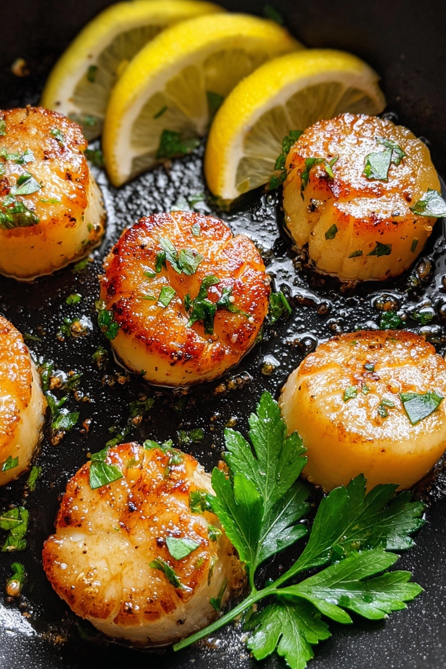 Garlic Butter Seared Scallops, seared scallops recipe, garlic butter seafood, easy scallops dish, quick seafood dinner - The image shows six round, golden-brown seared scallops arranged on a black pan with a shiny, oily surface. Each scallop has a slightly crispy top with visible seasoning and small green herb leaves sprinkled on them. At the top right corner of the pan, there are three lemon slices with a bright yellow rind and juicy texture. Near the bottom center, fresh parsley leaves add a vibrant green color contrast to the golden scallops. The background beneath the pan is a white marbled texture. photo taken with an iphone --ar 2:3 --v 7