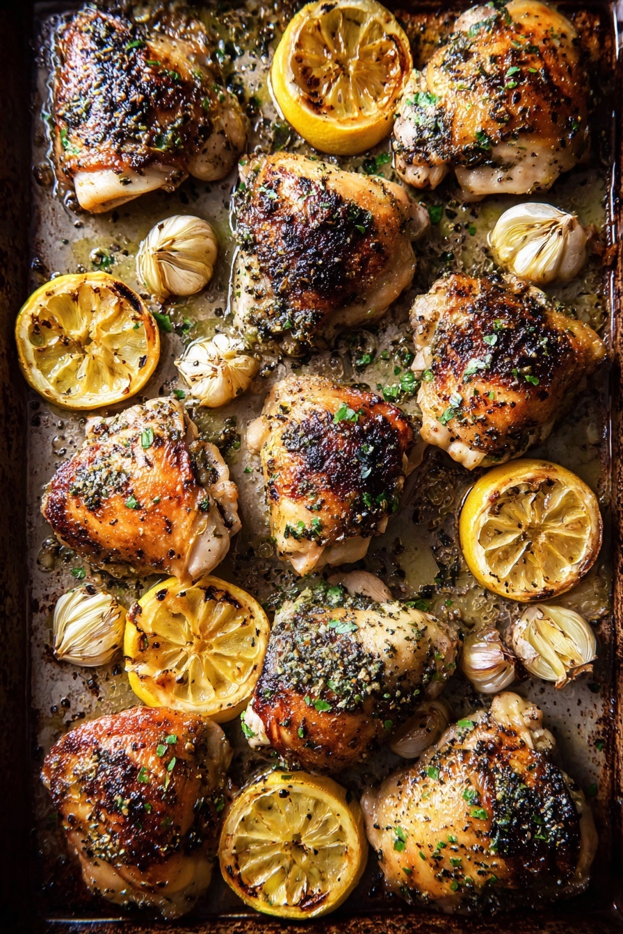 Garlic Butter Roast Chicken with Lemon Olive Dressing, roasted chicken, lemon olive dressing, garlic butter chicken, juicy roast chicken - The image shows a baking tray filled with nine cooked chicken thighs, some with crispy browned skin and others with a lighter color, all sprinkled with green herbs and black pepper. Scattered around the chicken are several slices and halves of lemon, showing charred caramelized edges and juicy yellow centers. There are also some roasted garlic cloves with a light brown char on their skin. The tray has a slightly worn look with bits of cooking oil and seasoning on the surface. The photo has a close-up view with warm natural light, highlighting the textures and colors. Photo taken with an iphone --ar 2:3 --v 7