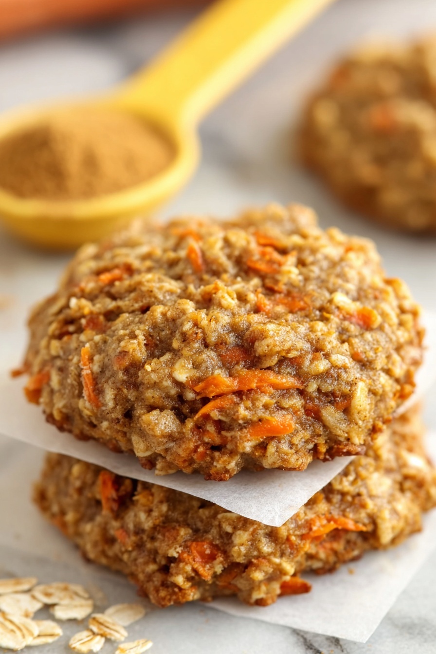 Healthy Carrot Oatmeal Cookies, nutritious carrot cookies, wholesome oatmeal cookies, healthy cookie recipes, easy carrot oatmeal snacks - A close-up view of two homemade oatmeal cookies stacked on top of each other, separated by square pieces of white parchment paper; the cookies have a rough texture with visible oats and orange carrot shreds mixed in, showing a soft, slightly chunky surface with a light brown color. In the blurred background, there is a yellow measuring spoon filled with a brown spice and part of a white marbled surface. Photo taken with an iphone --ar 2:3 --v 7