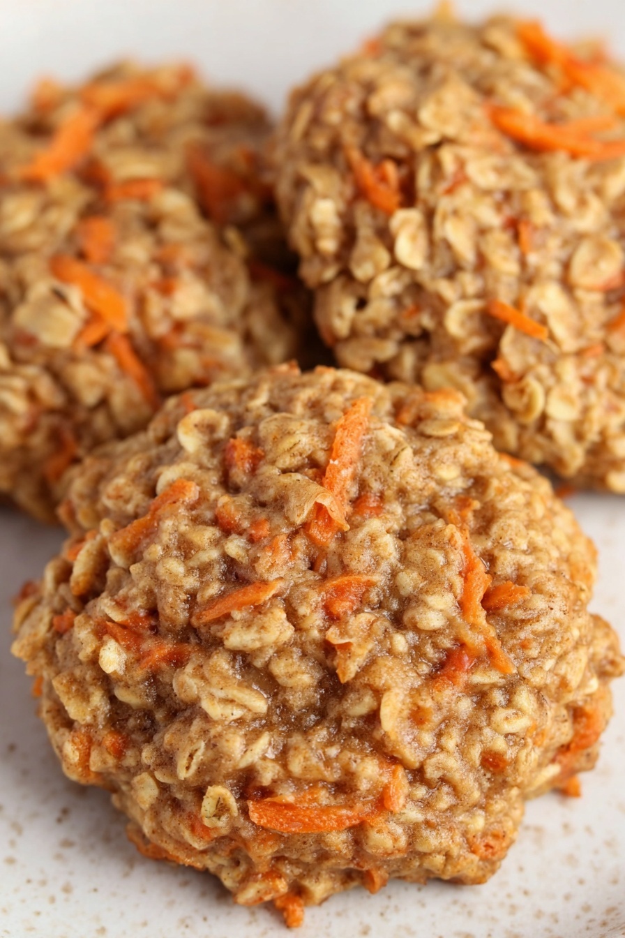 Healthy Carrot Oatmeal Cookies, nutritious carrot cookies, wholesome oatmeal cookies, healthy cookie recipes, easy carrot oatmeal snacks - The image shows three round oatmeal cookies with visible orange carrot shreds mixed inside. The cookies have a rough, thick texture made of oats and carrots, and are light brown in color with brighter orange bits from the carrot. They are placed close together on a white plate set on a white marbled surface. The cookies look soft and chunky with an uneven surface. photo taken with an iphone --ar 2:3 --v 7