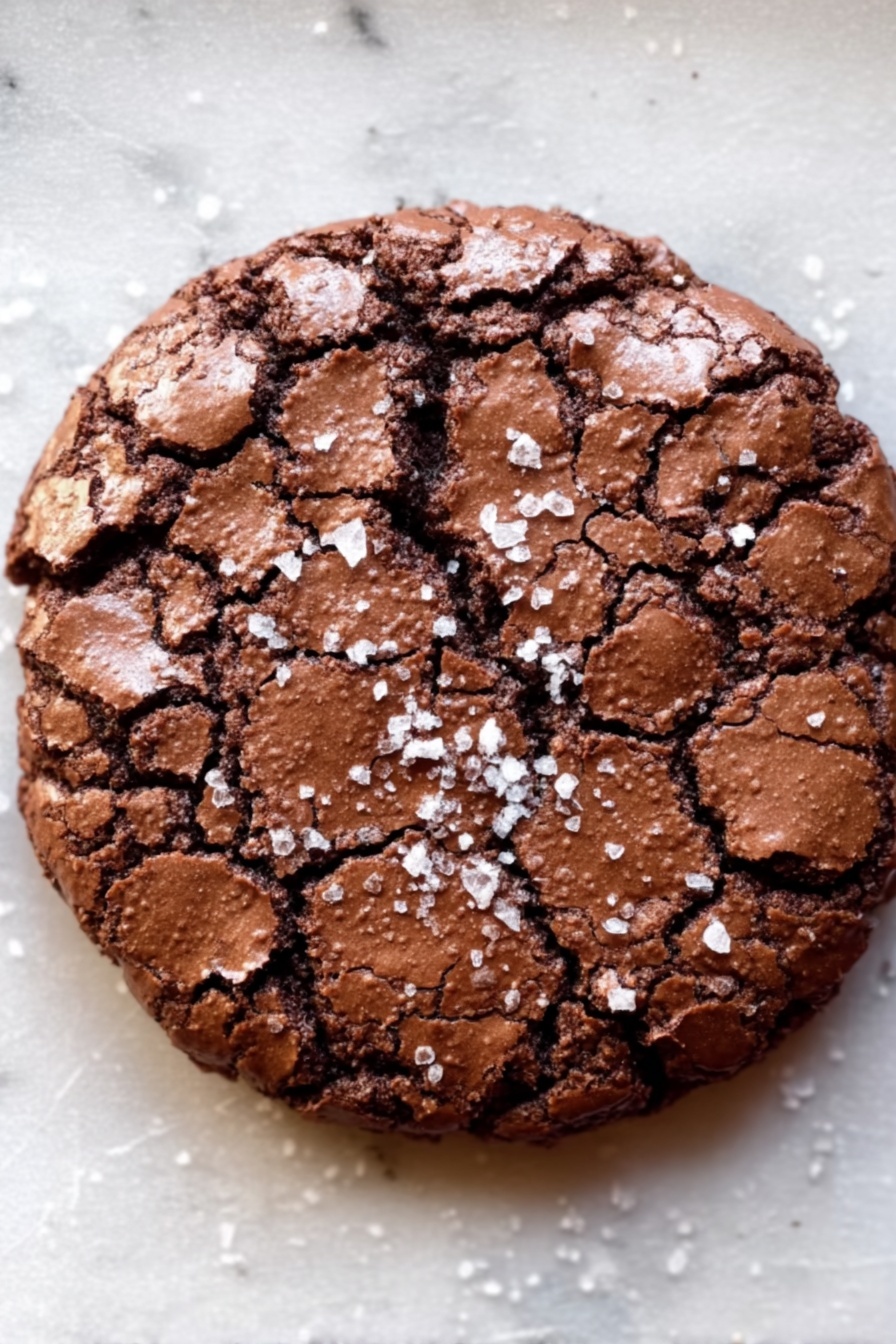 Chewy Fudgy Brownie Cookies, chocolate brownie cookies, chewy brownie recipe, fudgy cookie recipe, chocolate dessert treats - A single round chocolate cookie fills the frame, showing a rough, cracked top layer of deep brown with a slightly shiny texture. The cracks reveal a softer, darker inside. Scattered white flakes of salt sit on top, adding contrast and texture. The cookie rests on a white marbled surface. Photo taken with an iphone --ar 2:3 --v 7