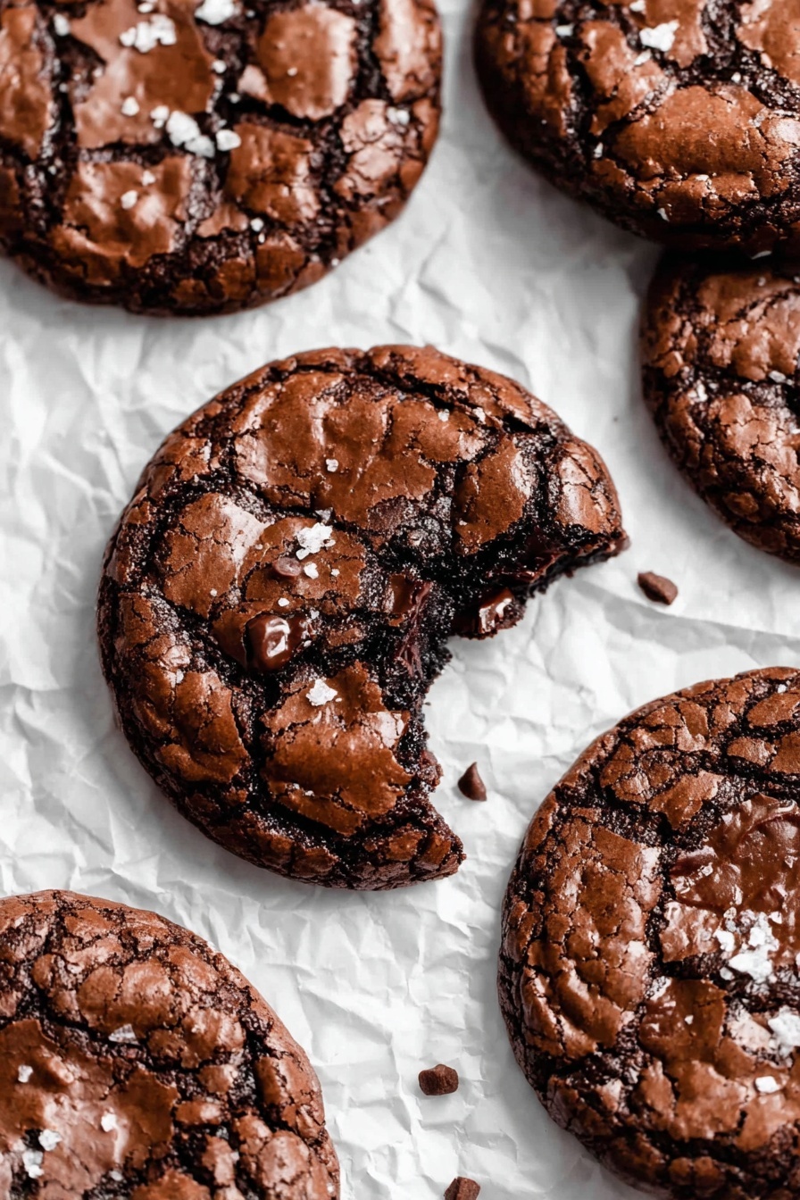 Chewy Fudgy Brownie Cookies, chocolate brownie cookies, chewy brownie recipe, fudgy cookie recipe, chocolate dessert treats - A close-up view of several round, dark brown chocolate cookies with cracked, shiny tops and some sea salt flakes sprinkled on them, laid on crumpled white parchment paper over a white marbled surface. The cookie in the center has a bite taken out of it, revealing a soft, moist, darker chocolate interior with a rich texture. The cookies are thick and slightly uneven in shape, with a few chocolate chips visible on some of them, creating a rich, textured look. Photo taken with an iphone --ar 2:3 --v 7