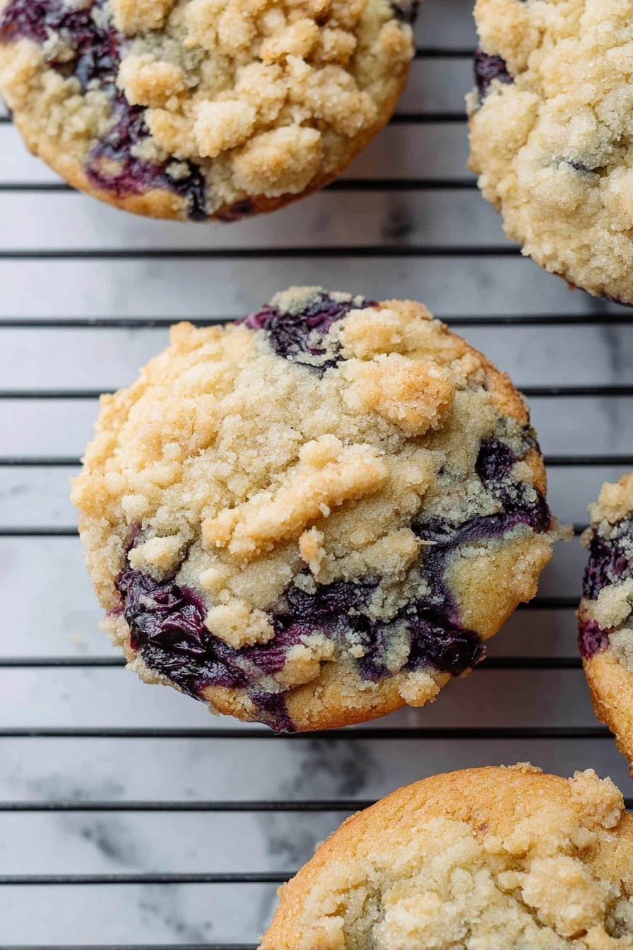 Blueberry Muffin Cookies with Streusel, blueberry muffin cookies, blueberry cookies with streusel, fruit-filled cookie recipes, easy blueberry treats - The image shows round muffins with a crumb topping on a metal cooling rack, placed on a white marbled surface. Each muffin has a top layer of light golden brown crumb pieces, unevenly spread, giving a rough texture. Below that, the muffin has a soft, slightly cracked surface with a mix of light tan and deep purple-blue spots, showing the presence of blueberries baked inside. The edges of the muffins are slightly darker and golden brown, showing a baked finish. The cooling rack bars are thin and black, providing contrast against the white marble below. photo taken with an iphone --ar 2:3 --v 7