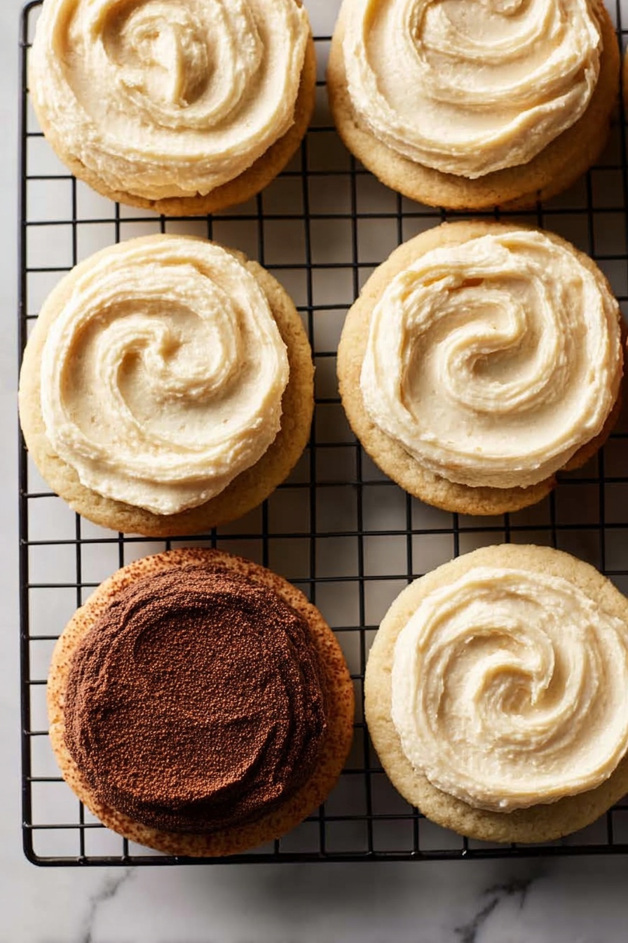 Cheesecake Tiramisu Cookies, tiramisu cookie recipe, coffee-flavored cookies, mascarpone frosting cookies, easy dessert cookies - The image shows seven round cookies on a black wire cooling rack placed over a white marbled surface. Six cookies have a smooth and creamy light beige frosting swirled on top, with each swirl giving a soft texture look. One cookie stands out with a darker, chocolate-colored frosting that has a drier, thicker texture and a dusting of cocoa powder on top. The cookies are evenly spaced except for one chocolate-frosted cookie placed near the bottom left. The overall arrangement and lighting make the frosting look soft and inviting. Photo taken with an iphone --ar 2:3 --v 7