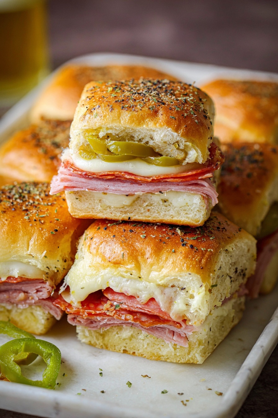 Italian Sub Slider Sandwiches, Italian Sub Sandwiches, Slider Sandwiches Recipe, Party Slider Sandwiches, Italian Deli Sandwiches - A close-up of a square sandwich piece showing five visible layers: starting at the bottom, a thick, soft light brown bread layer, above it stacked slices of pinkish cured meat, then a smooth white cheese layer, topped with slices of green pickles and red peppers, and finished with a fluffy golden brown bread top sprinkled with green and black herbs. The sandwich sits on a dark plate on a white marbled surface; a blue baking dish with similar sandwiches is blurred in the background. Photo taken with an iphone --ar 2:3 --v 7