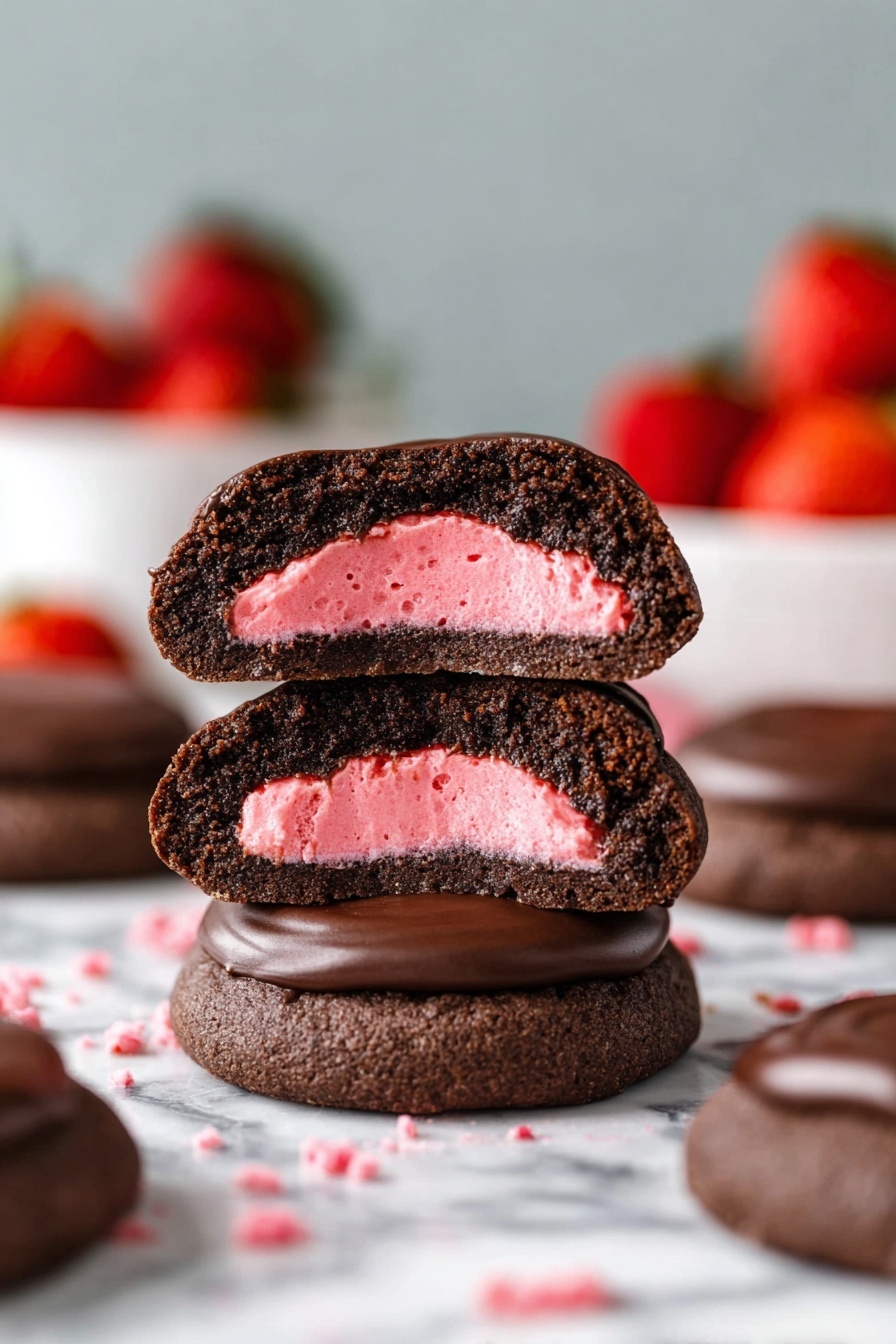 Chocolate Strawberry Cookie Bites, strawberry-filled cookies, chocolate dessert bites, easy strawberry cookie recipes, decadent chocolate strawberry treats - The image shows a stack of three cookies, each with two layers: a thick dark brown chocolate outer layer with a soft texture and a smooth dark chocolate topping, and a bright pink creamy filling in the center. The cookies are placed on a white marbled surface with some pink crumbs scattered around. In the background, there are more chocolate cookies and some blurred red strawberries in a white bowl. The overall look is close-up and focused on the cookie layers, showing the contrast between the dark chocolate and bright pink filling. Photo taken with an iphone --ar 2:3 --v 7