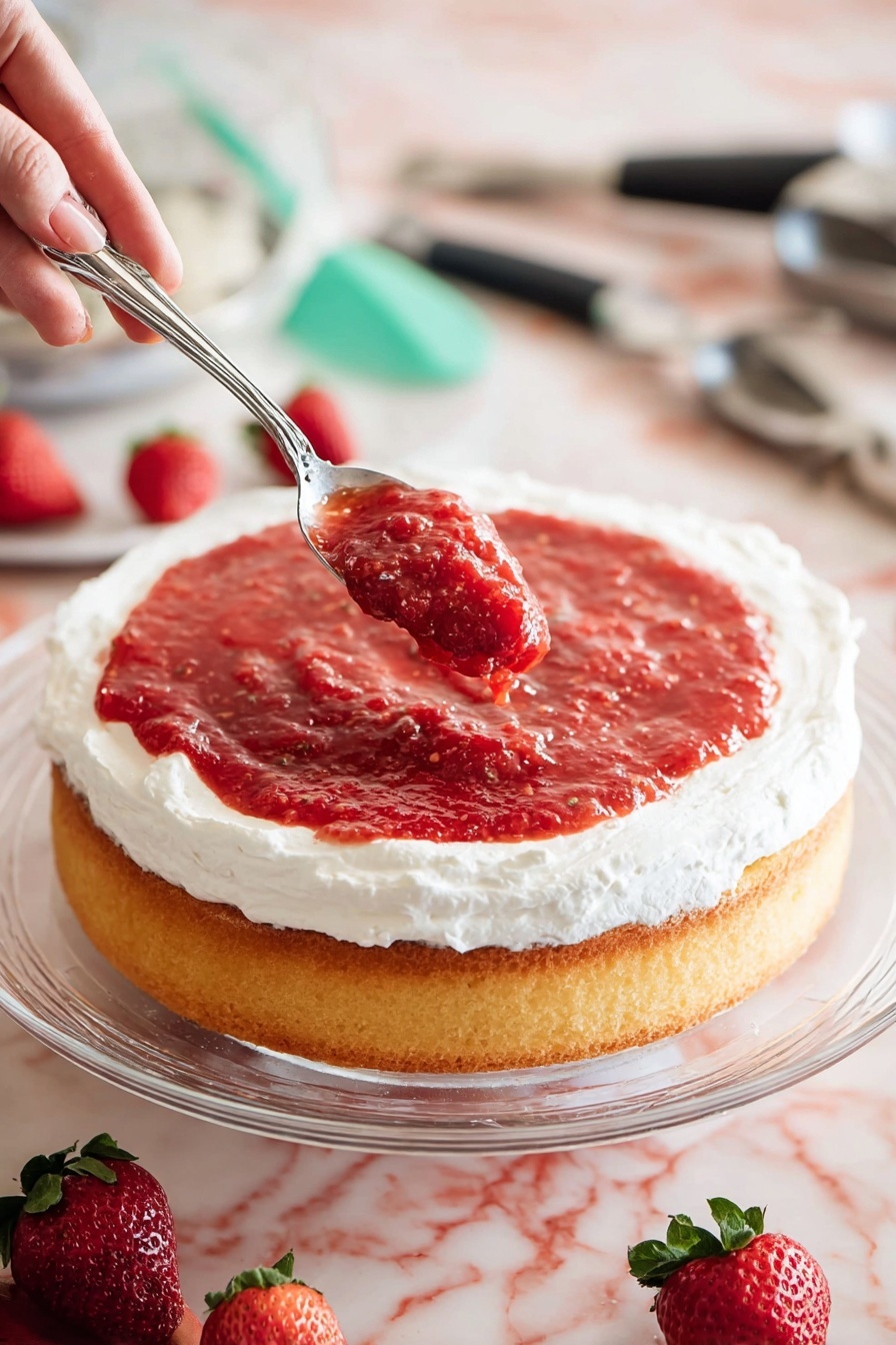 Strawberry Cake with Cream Cheese Frosting, strawberry cake recipe, homemade strawberry cake, easy strawberry cake, moist strawberry cake - A single-layer round cake with a light golden sponge base, topped with a thick white cream layer spread evenly around the edge, leaving the center open. A woman's hand holds a spoon spreading a bright red strawberry sauce in the middle, creating a thick, slightly textured layer with visible small fruit bits. The cake sits on a clear glass plate placed on a white marbled surface with fresh strawberries nearby and a blurred background of baking tools. Photo taken with an iphone --ar 2:3 --v 7