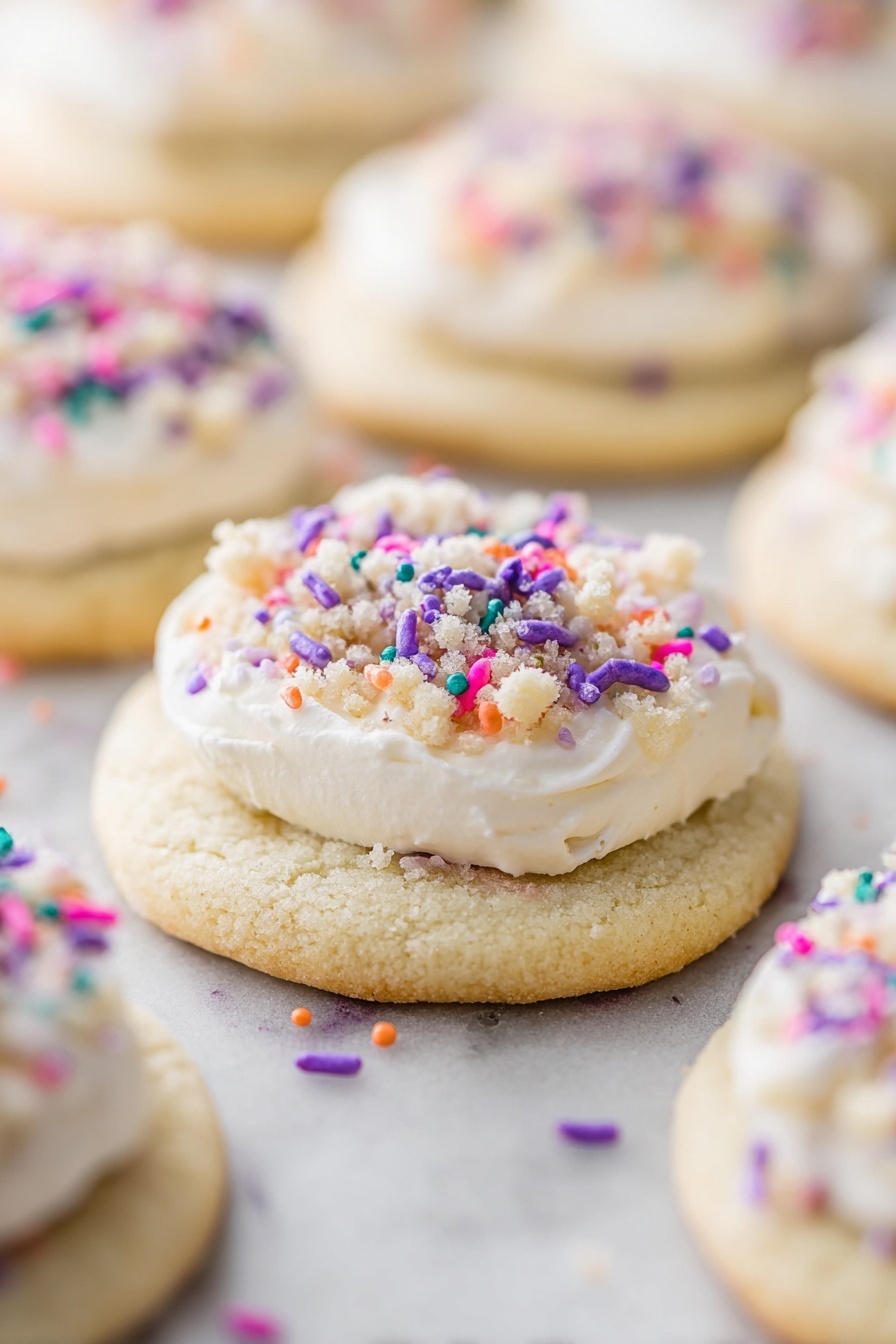 Birthday Cake Cookies with Cream Cheese Frosting, birthday cake cookie recipe, vanilla cookie recipes, fun baking ideas, easy cookie recipes - The image shows a close-up of round sugar cookies with three main layers. The bottom layer is a thick, soft, light beige cookie base with a smooth texture. On top of the cookie is a thick layer of white, creamy frosting spread evenly with a soft, slightly whipped texture. The top layer is a crumbly topping with small chunks and colorful sprinkles in purple, blue, pink, and orange that add a fun detail to the cookie. The cookies rest on a white marbled surface, and the focus is on one cookie in the foreground with blurred similar cookies in the background. Photo taken with an iphone --ar 2:3 --v 7