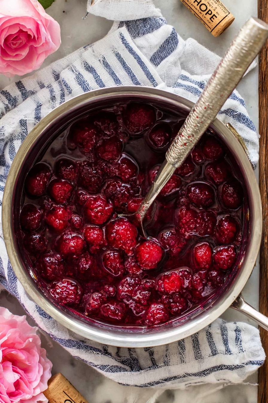 Raspberry Chardonnay Trifle, raspberry Chardonnay dessert, elegant fruit trifle, easy layered trifle recipe, summer fruit dessert - A shiny silver pot filled with dark red raspberries soaked in a thick syrup, the berries look soft and juicy, with some whole and others slightly broken down. A silver spoon with a textured handle rests in the pot, partially submerged in the fruit mix. The pot sits on a white and blue striped cloth on top of a white marbled surface. Nearby, there is a pink rose on the bottom left corner and a wine cork with 