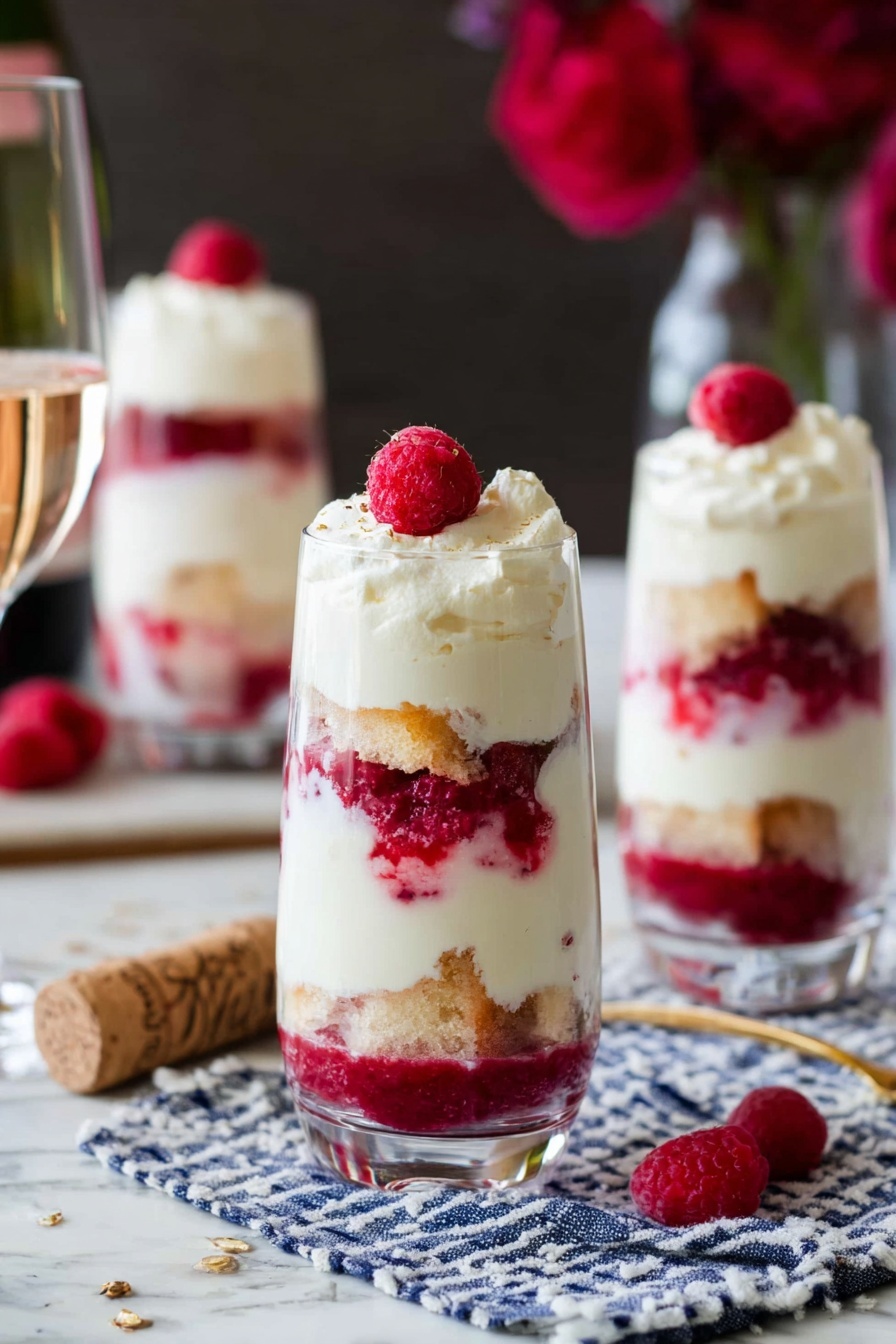 Raspberry Chardonnay Trifle, raspberry Chardonnay dessert, elegant fruit trifle, easy layered trifle recipe, summer fruit dessert - The image shows tall clear glasses filled with three visible layers of dessert. The bottom layer is creamy white with a smooth texture, the middle layer is a mix of red berries and soft cake, showing a vibrant, slightly chunky texture, and the top layer is light white cream with soft peaks. On top of the cream sits a bright red raspberry, adding a fresh and juicy look. The glasses are placed on a blue and white striped cloth over a white marbled surface, with a cork nearby and blurred background items including more layered desserts in clear glasses and some red flowers. Photo taken with an iphone --ar 2:3 --v 7