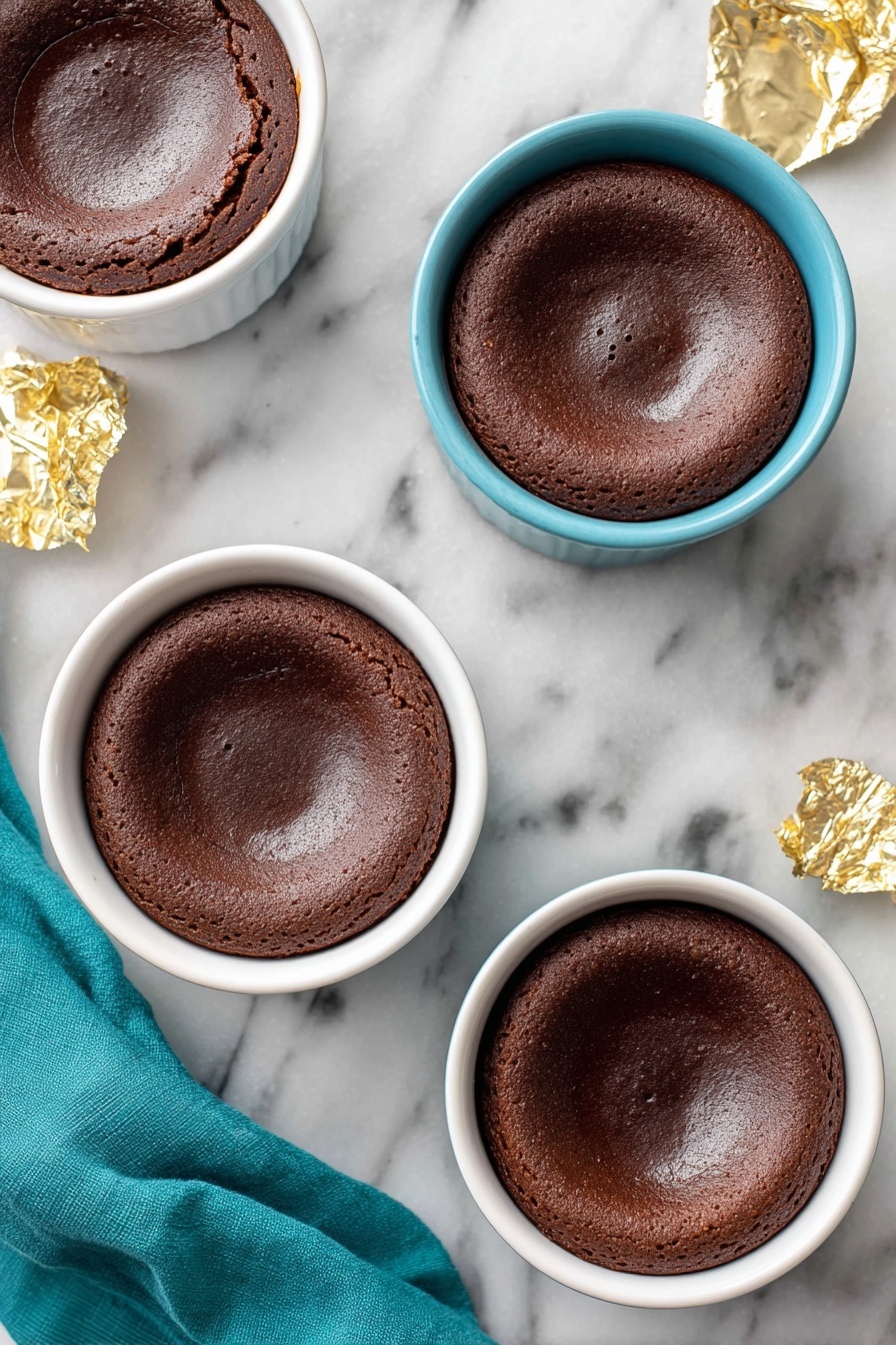 Decadent Chocolate Lava Cakes, molten chocolate cake recipe, easy lava cake, rich chocolate dessert, best chocolate lava cake - The image shows four chocolate lava cakes in round ramekins placed on a white marbled surface. Two ramekins are white, and two are blue. Each cake has one smooth layer with a slightly sunken center, rich dark brown in color with a soft matte texture. The cakes have a slightly cracked edge around the rim where they meet the ramekin. There are small sheets of crumpled gold foil near the top corners of the image and a folded teal cloth in the bottom left corner. Photo taken with an iphone --ar 2:3 --v 7