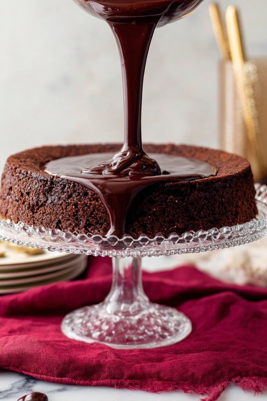 Flourless Chocolate Cake with Ganache, gluten-free chocolate cake, decadent chocolate dessert, easy flourless chocolate cake, rich chocolate ganache cake - A single-layer dark brown chocolate cake with a rough textured top sits on a clear glass cake stand with a scalloped edge. Thick, shiny chocolate sauce is being poured from above, slowly covering the center of the cake and starting to drip down the sides. The cake stand is placed on a deep red cloth with a slightly wrinkled texture, all set on a white marbled surface. In the background, there are stacked white plates and a gold twig-shaped fork partially visible. Photo taken with an iphone --ar 2:3 --v 7