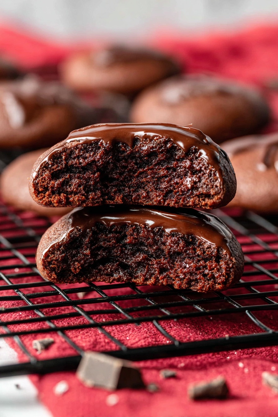 Devil’s Food Cookie Sandwiches, decadent chocolate dessert, homemade cookie sandwiches, rich chocolate ganache cookies, easy chocolate treat - The image shows a close-up of a chocolate cookie broken in half, revealing a dense, moist, and dark brown inside with a shiny chocolate glaze on top of each half. The cookie has a soft, thick texture and rich chocolate layers. The two halves are stacked on top of each other on a black wire cooling rack, which rests on a red cloth with scattered chocolate pieces around. In the background, more whole cookies are slightly blurred on the same rack. The photo is taken on a white marbled surface. Photo taken with an iphone --ar 2:3 --v 7