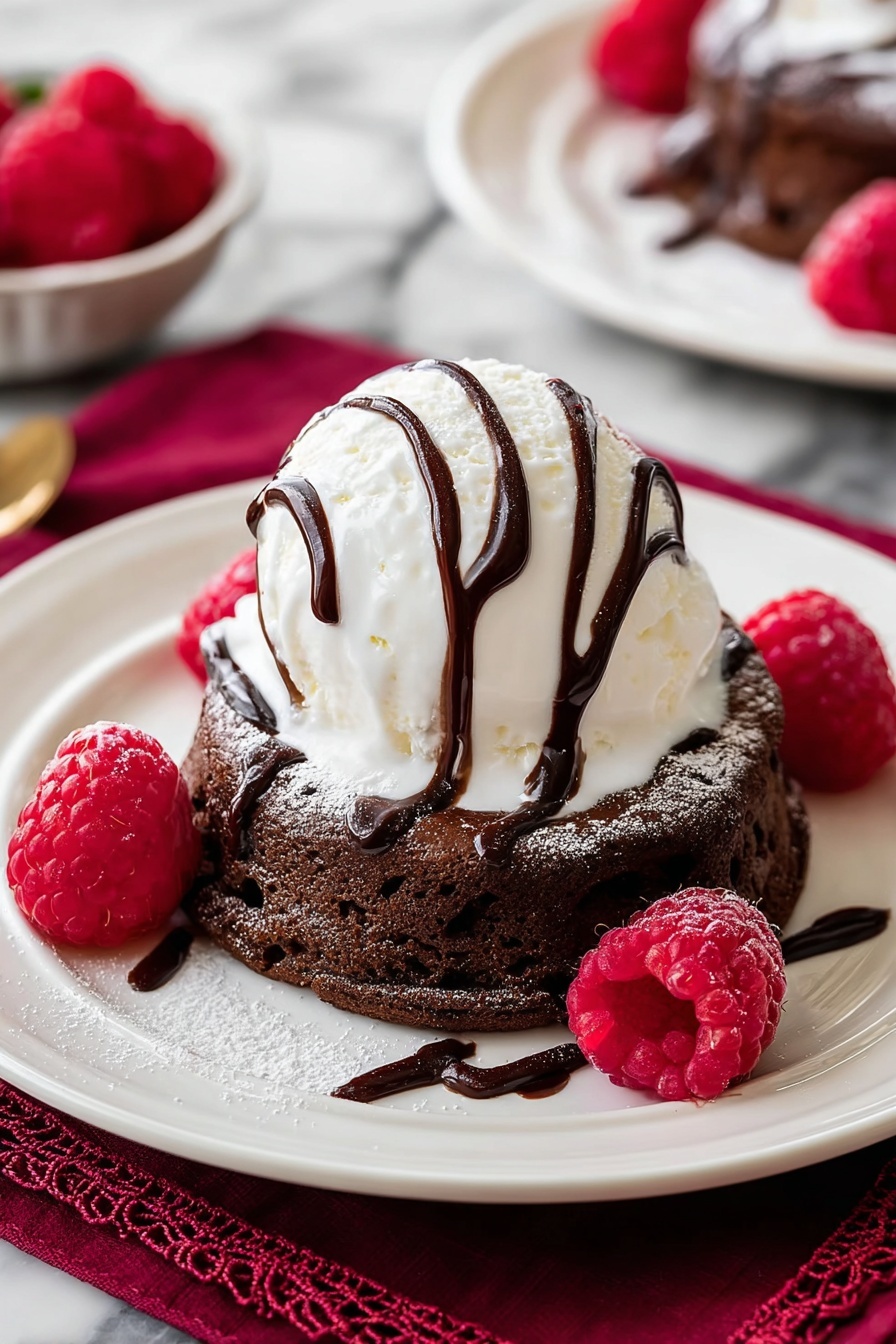 Decadent Chocolate Lava Cakes, molten chocolate cake recipe, easy lava cake, rich chocolate dessert, best chocolate lava cake - A small, round chocolate cake with a rough texture is placed in the center of a white plate. On top of the cake is a large scoop of white vanilla ice cream, slightly melting and dripping down the sides. Dark chocolate syrup is drizzled over the ice cream in thin, wavy lines. Around the cake on the plate are several bright red raspberries with a textured surface. The plate sits on a dark red cloth with a decorative edge, and the background is a white marbled texture. Photo taken with an iphone --ar 2:3 --v 7