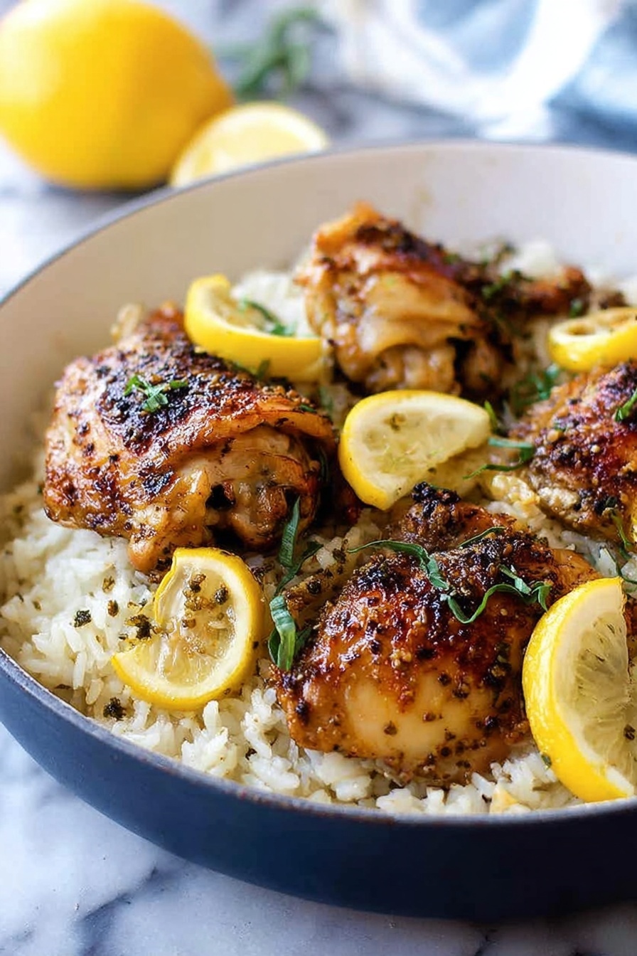 One Pot Greek Lemon Chicken and Rice, Greek Lemon Chicken and Rice, One Pot Chicken and Rice, Easy Greek Chicken Dinner, Lemon Chicken Skillet - A close-up of a white bowl filled with a layer of cooked white rice at the bottom, topped with four golden brown cooked chicken pieces, each with a slightly crisp and seasoned skin. Thin slices of lemon with a bright yellow color are placed over the rice and near the chicken, adding contrast. Small green herbs are sprinkled across the chicken and rice, adding a fresh touch. The bowl sits on a white marbled surface, and a lemon is visible blurred in the background. Photo taken with an iphone --ar 2:3 --v 7