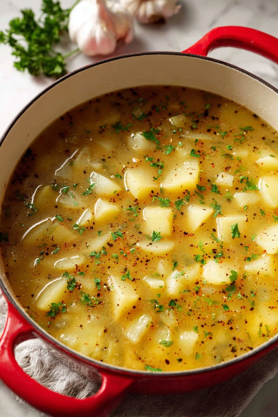Garlic Potato Soup for Hangover Recovery, hangover cure soup, comforting potato soup, nourishing recovery soup, soothing garlic potato soup - A close-up view of a white pot with red handles filled with a thick soup containing small, chunky pieces of light yellow potatoes and translucent onions floating in a golden broth. Particles of black pepper and finely chopped green herbs are sprinkled on top, adding texture and color contrast. The pot sits on a neutral cloth over a white marbled surface, with three garlic cloves and sprigs of fresh parsley blurred in the background. The lighting highlights the soup’s glossy surface and the pot’s smooth interior. photo taken with an iphone --ar 2:3 --v 7