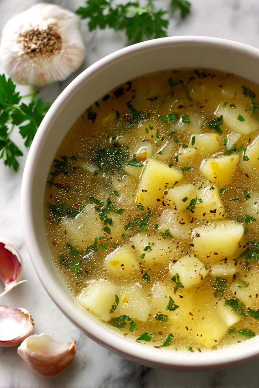 Garlic Potato Soup for Hangover Recovery, hangover cure soup, comforting potato soup, nourishing recovery soup, soothing garlic potato soup - The image shows a white bowl filled with a clear soup that has chunky pieces of light yellow potatoes and small bits of translucent onions, all sprinkled with finely chopped green herbs and ground black pepper. The soup looks warm with tiny bubbles of oil floating on the surface, giving it a glossy texture. Around the bowl, there are whole and peeled garlic cloves and some fresh parsley leaves scattered on a white marbled surface. photo taken with an iphone --ar 2:3 --v 7