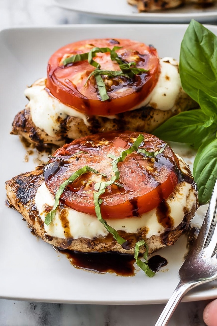 Grilled Chicken Caprese with Balsamic Glaze, Italian grilled chicken, Caprese chicken recipe, easy summer chicken dinner, healthy chicken recipes - The image shows two pieces of grilled chicken on a white plate with a white marbled background. Each piece of chicken has three visible layers: the bottom layer is the browned, grilled chicken with grill marks and a slightly rough texture; the middle layer is a smooth, white melted cheese covering most of the chicken; the top layer is a thick, round red tomato slice, garnished with small green basil leaves. Both pieces are drizzled with a dark brown balsamic glaze that glistens on the tomato and cheese. A fresh green basil leaf is placed next to the chicken on the plate. A fork rests on the right side of the plate, with a woman's hand holding it gently. photo taken with an iphone --ar 2:3 --v 7